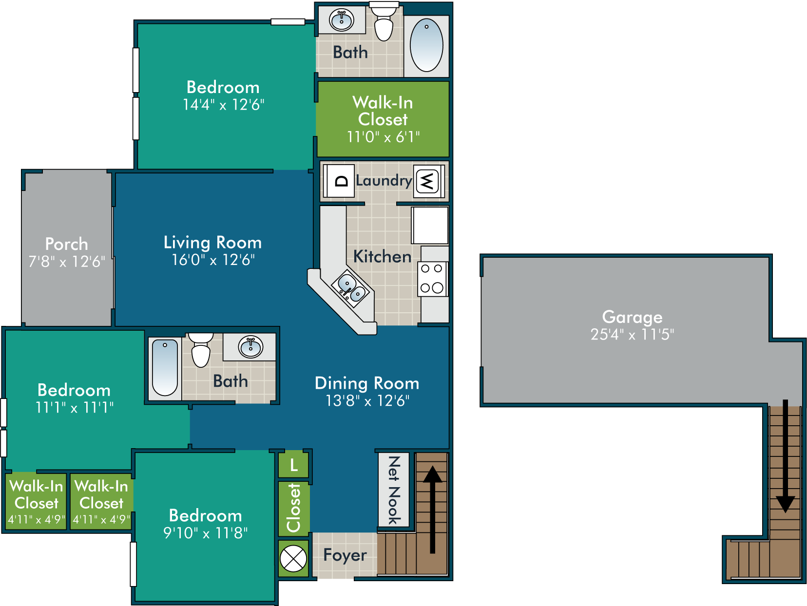 Modern floor plan showcasing 3 bedrooms, dual walk-in closets, a spacious living room, and a convenient garage, ideal for contemporary living.