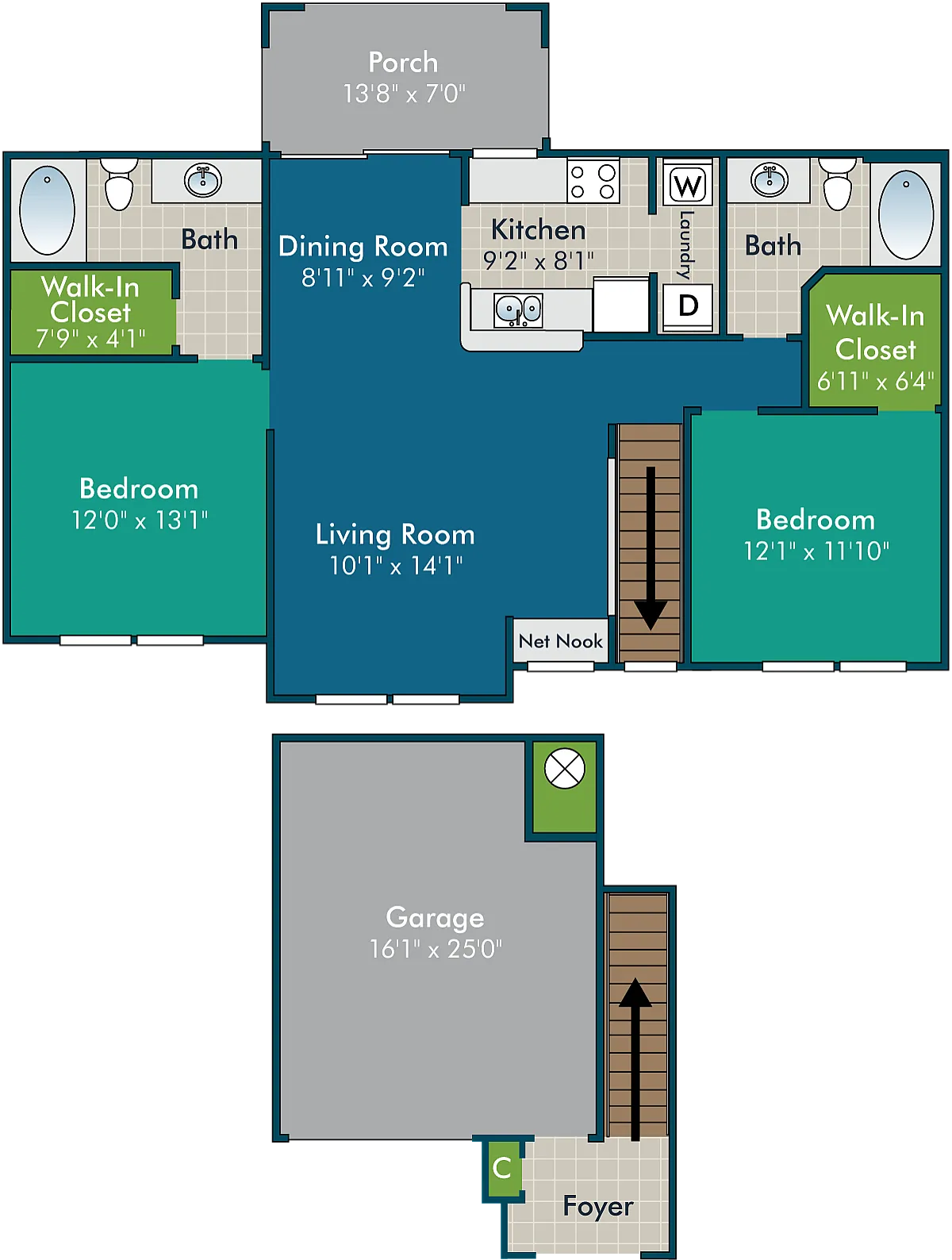 Spacious apartment floor plan with 2 bedrooms, open living room, and modern kitchen. Features dual walk-in closets, porch, garage, and dining room for stylish living.