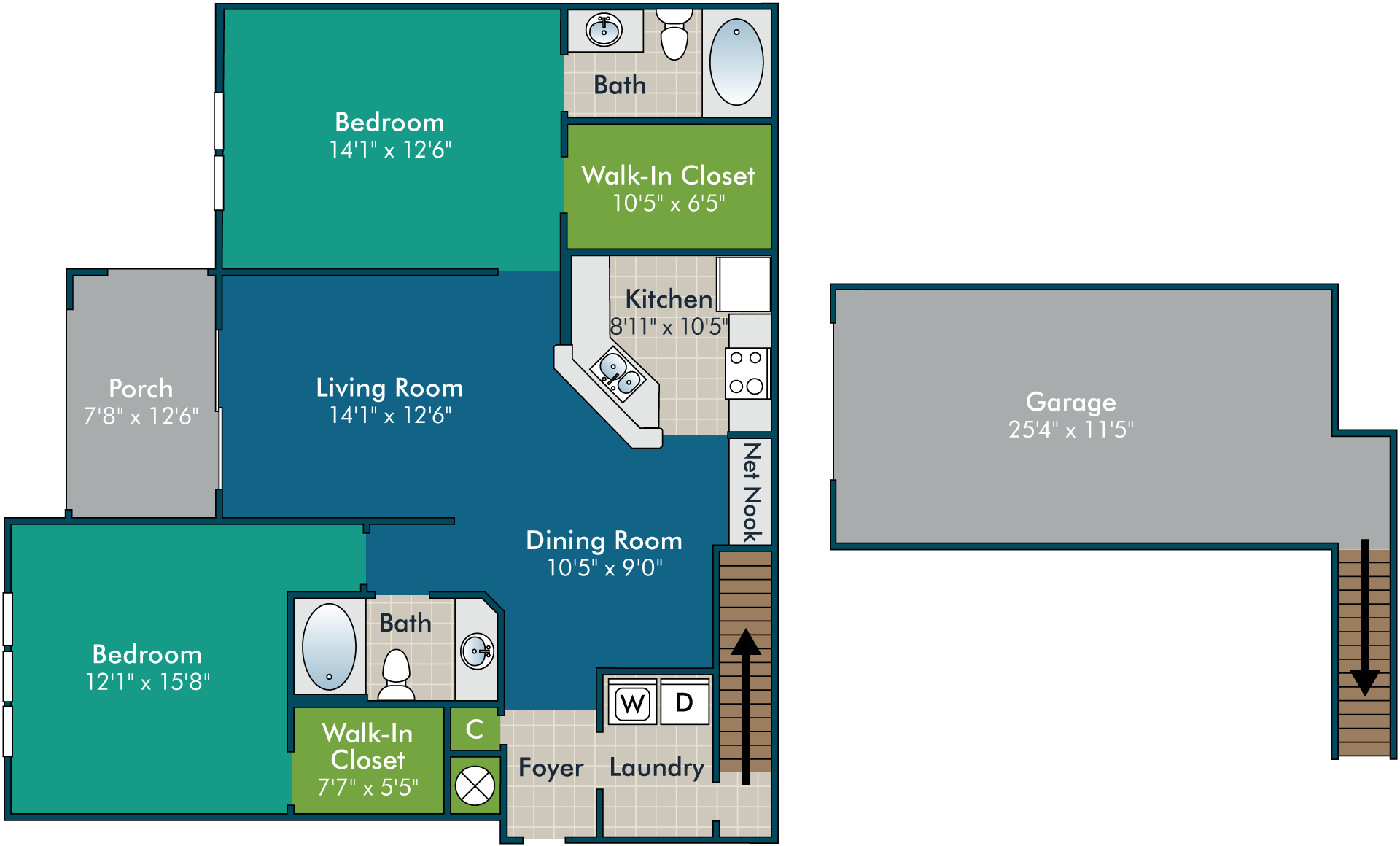 Inviting floor plan showcasing 2 spacious bedrooms, elegant living area, versatile kitchen, and a generous garage space.