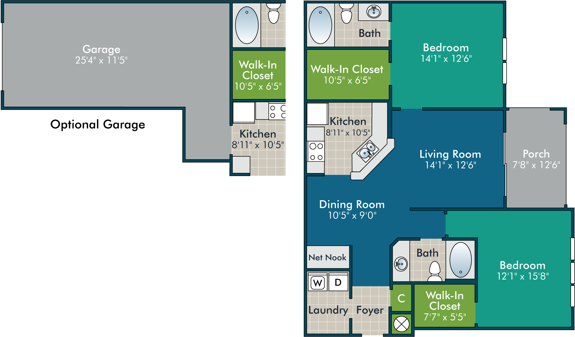 Inviting floor plan showcasing two bedrooms, spacious living and dining areas, two modern kitchens, convenient walk-in closets, and a generous garage space.