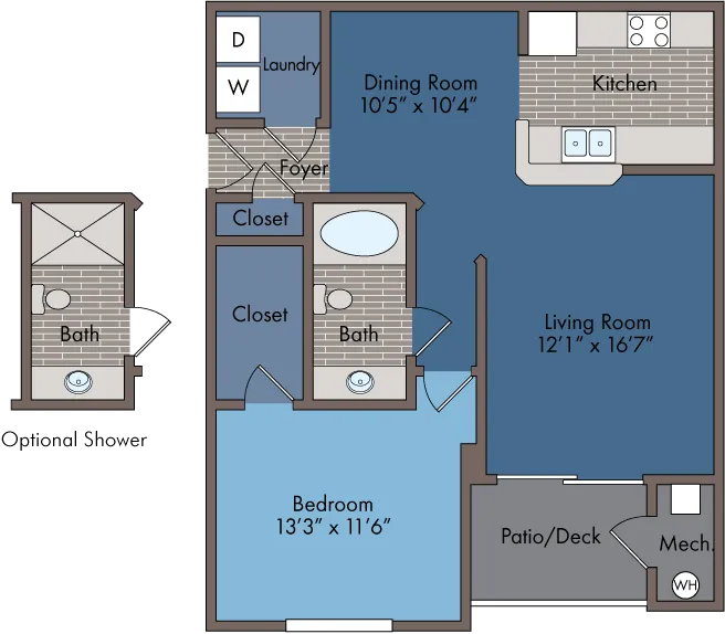 Modern apartment floor plan featuring 1 spacious bedroom with closets, 2 stylish bathrooms, a sleek kitchen, and an open-concept living and dining area leading to a patio.