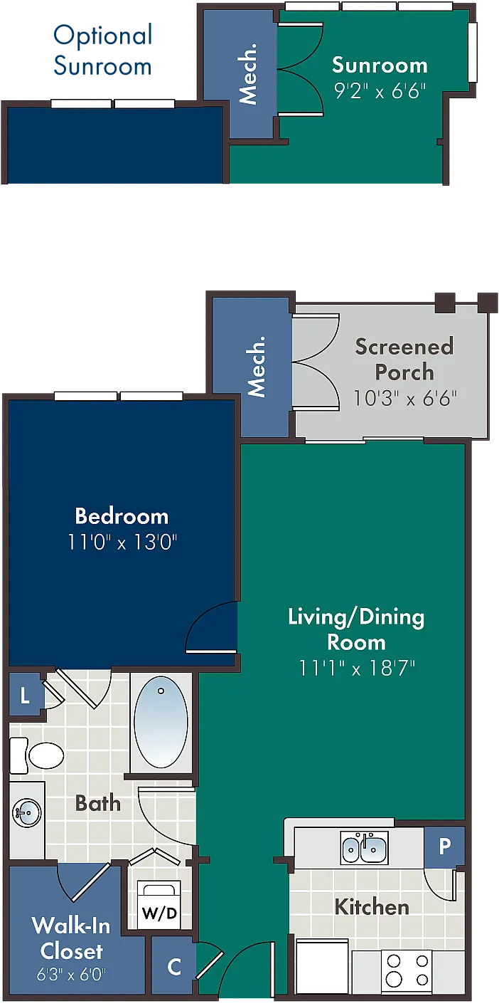 Inviting floor plan featuring a bedroom, living/dining room, modern kitchen, spacious bath, walk-in closet, and optional sunroom with screened porch.