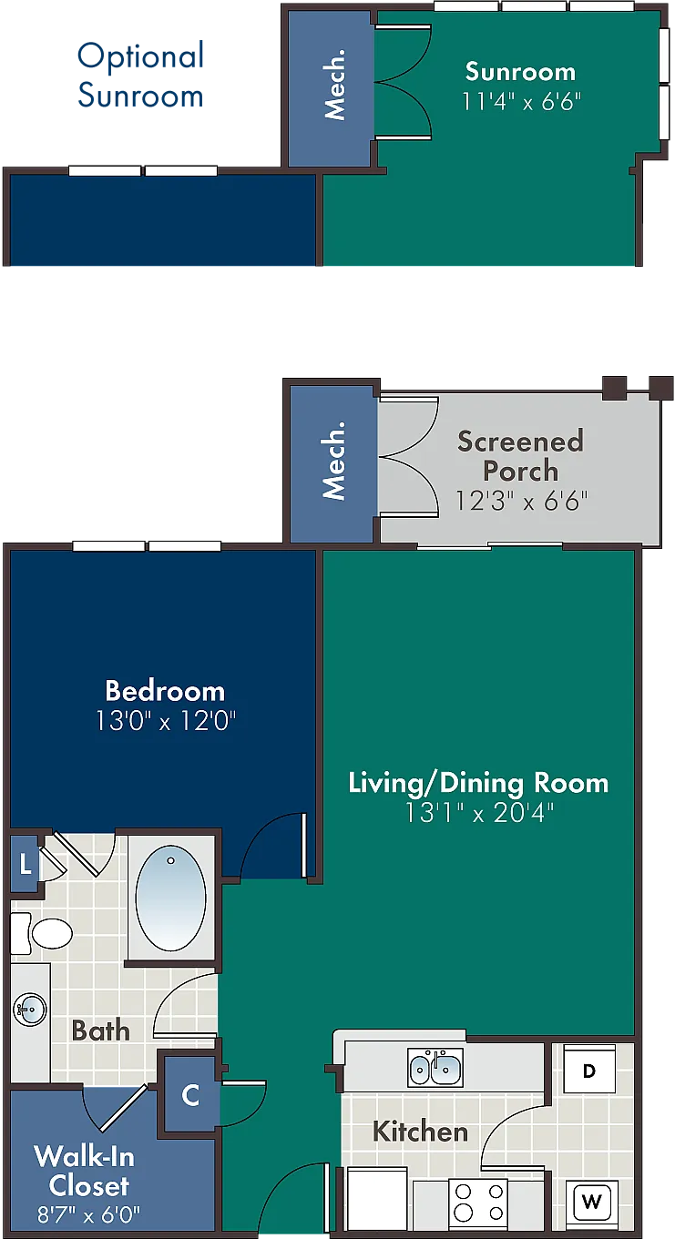 Charming apartment floor plan featuring a spacious sunroom, screened porch, large bedroom, and an open living/dining area. Includes a walk-in closet, modern kitchen, and luxurious bath.