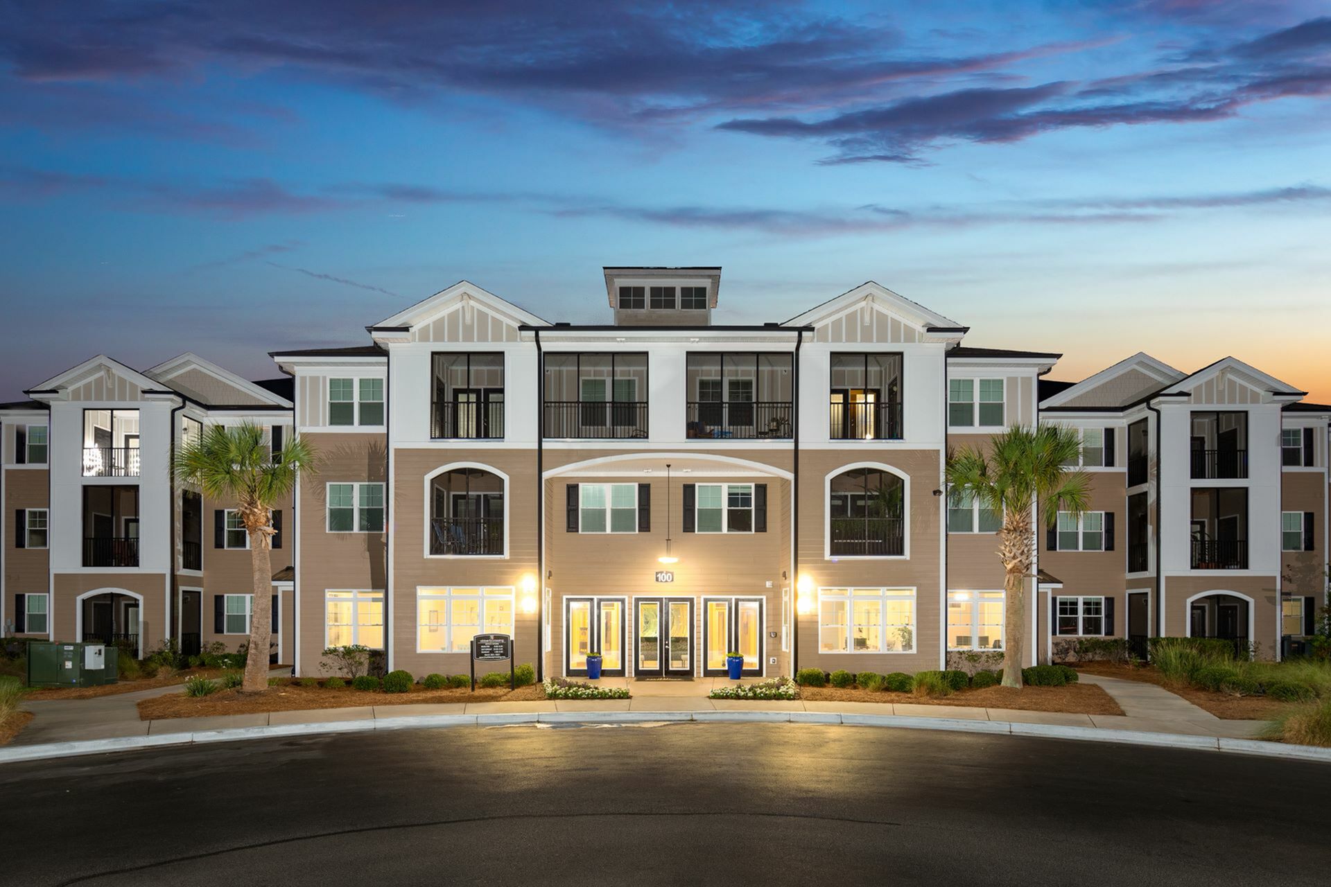 Night exterior view at Abberly Crossing Apartments in Ladson, SC