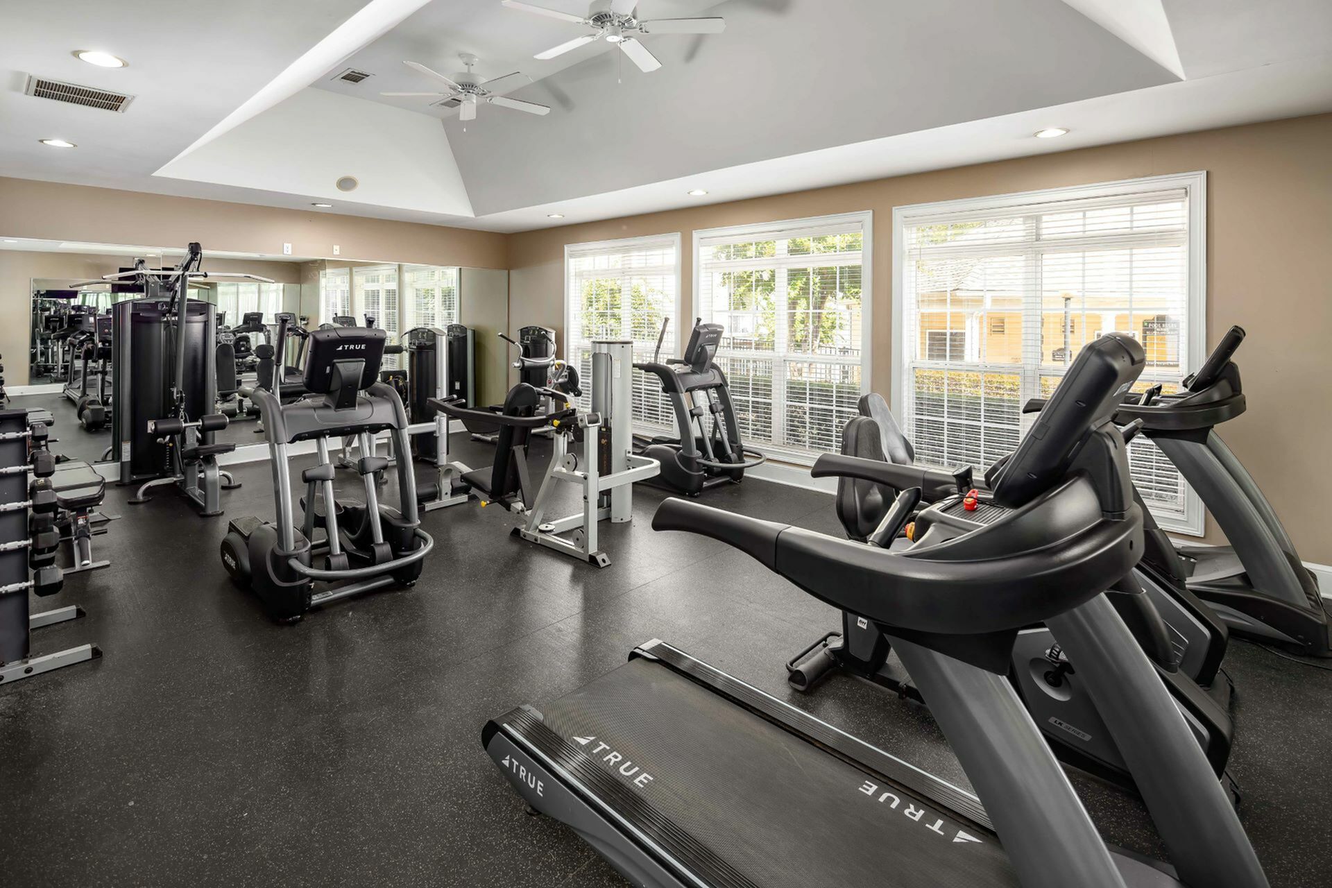 Bright and spacious fitness center featuring cardio equipment, including treadmills and ellipticals, strength machines, free weights, and large windows providing natural light at Abberly Woods Apartments in Charlotte, NC