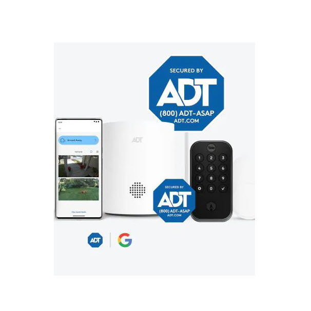 Secure your home effortlessly with ADT and Google technology, featuring a sleek smartphone interface, advanced keypad, and reliable home monitoring device.