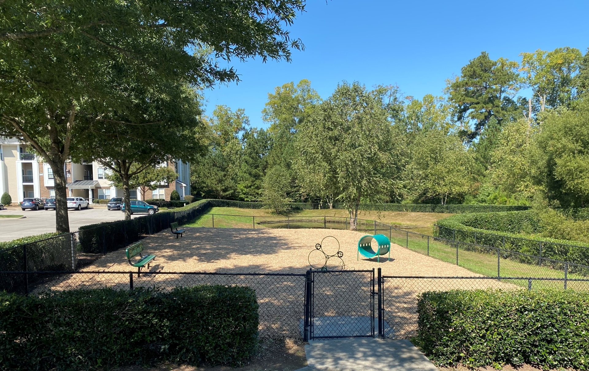 Charming fenced outdoor area with lush greenery, benches, and a playful pet obstacle course, perfect for relaxation and recreation.