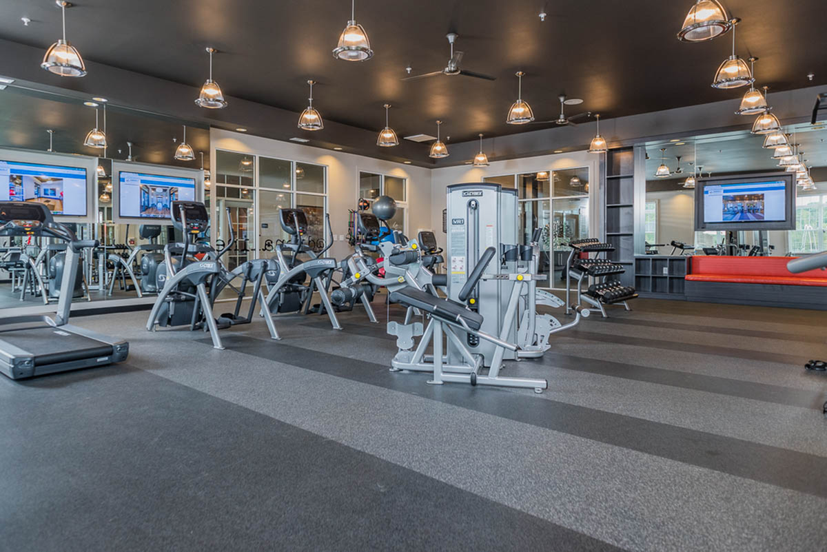Modern gym with state-of-the-art equipment, bright lighting, and spacious workout area for a premium fitness experience.