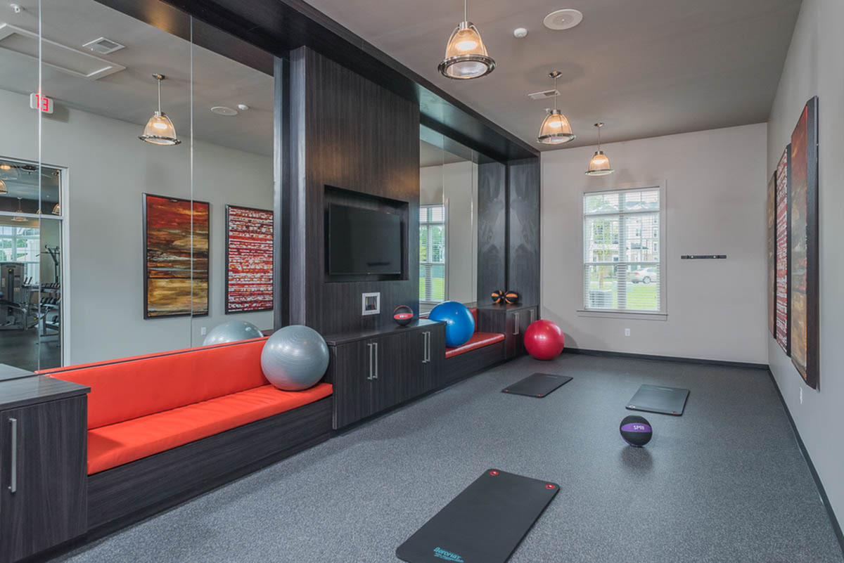 Modern fitness room with vibrant decor, featuring exercise balls and yoga mats, perfect for a home workout retreat.