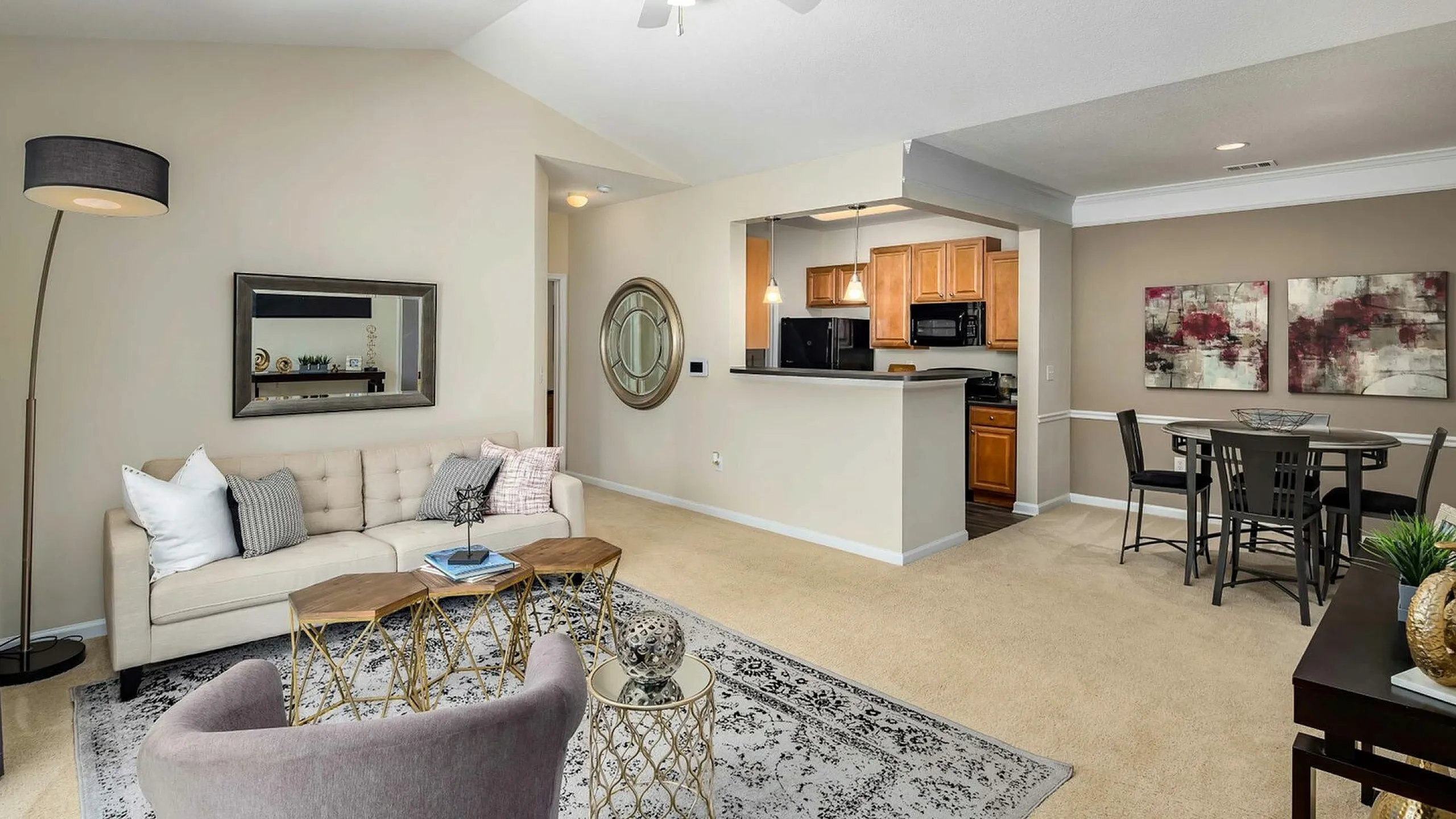 Living Area with Expansive 9 Foot Ceilings with Triple Crown Molding at Abberly Woods Apartments in Charlotte, NC