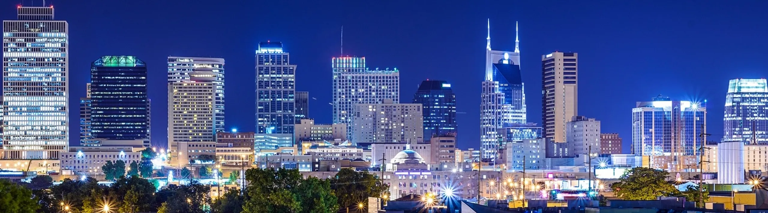 Breathtaking night view of a vibrant city skyline, beautifully illuminated buildings, and lush greenery under a starry sky.