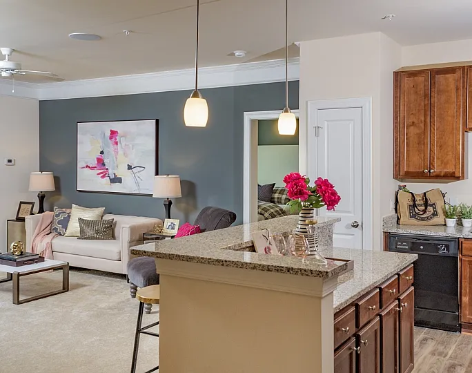 Inviting modern apartment living room with cozy seating, elegant artwork, and a stylish open kitchen featuring granite countertops and warm wooden cabinetry.