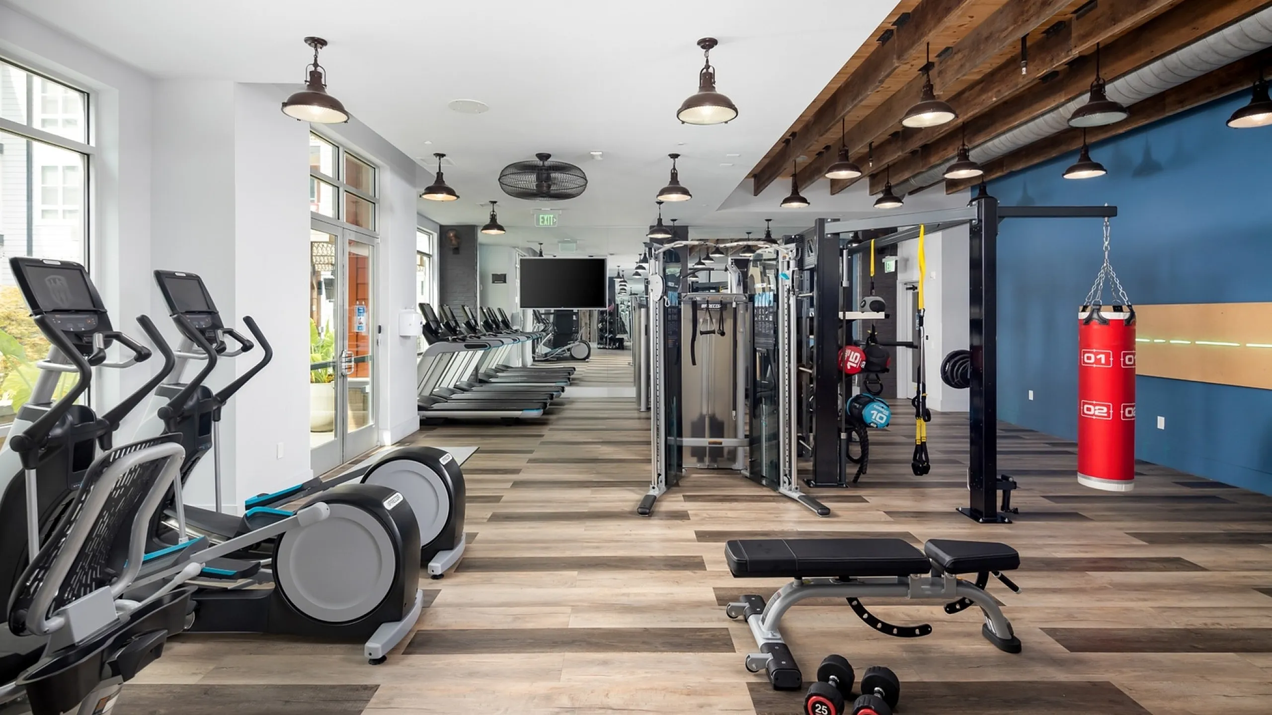 Modern apartment gym with state-of-the-art exercise equipment, including treadmills, ellipticals, weights, and a punching bag, set in an inviting and vibrant space.