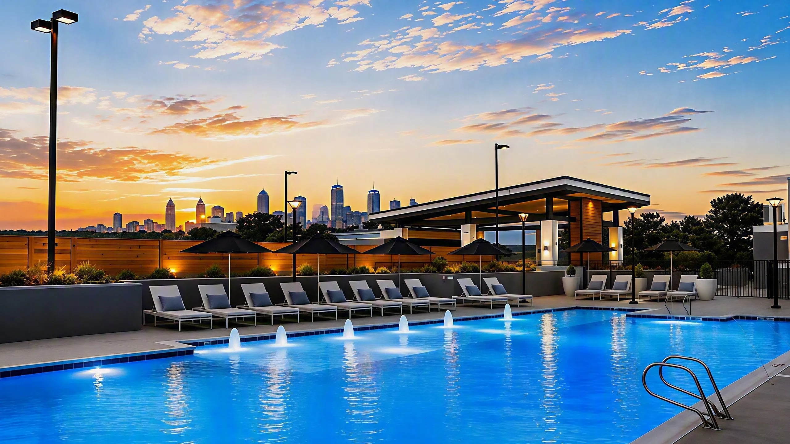 Luxurious rooftop pool with lounge chairs and breathtaking sunset views over the city skyline.