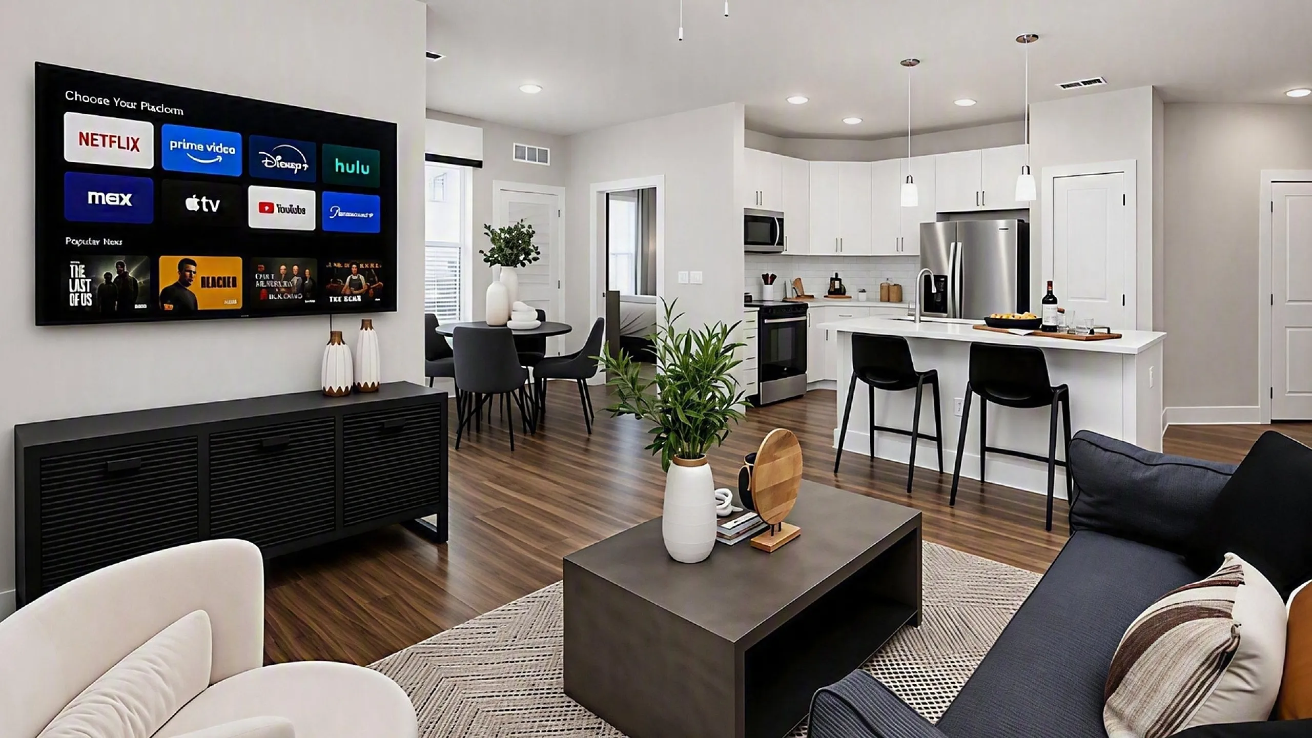 Contemporary open-concept living and kitchen area featuring sleek modern furniture, stainless steel appliances, and a cozy atmosphere perfect for entertaining.