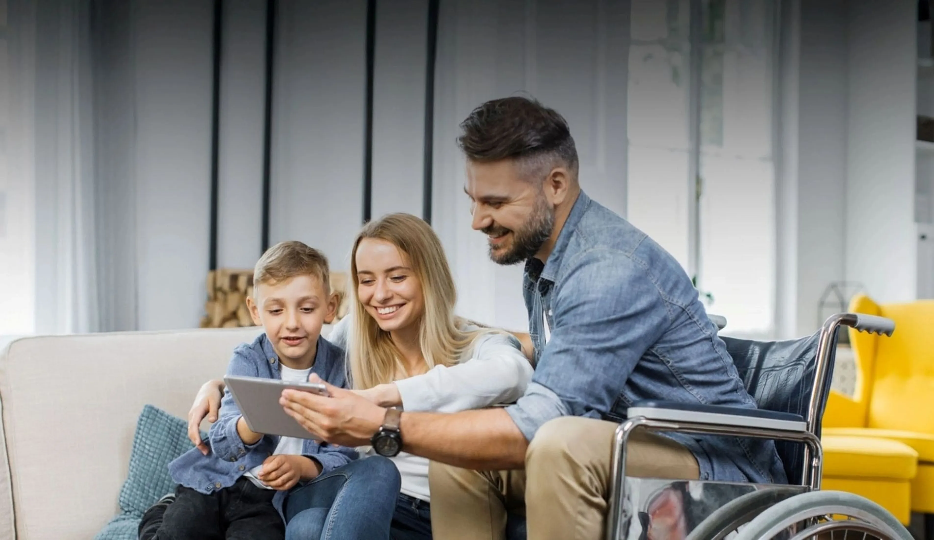 Cozy living room scene with a happy family enjoying quality time together, featuring a modern and accessible interior.