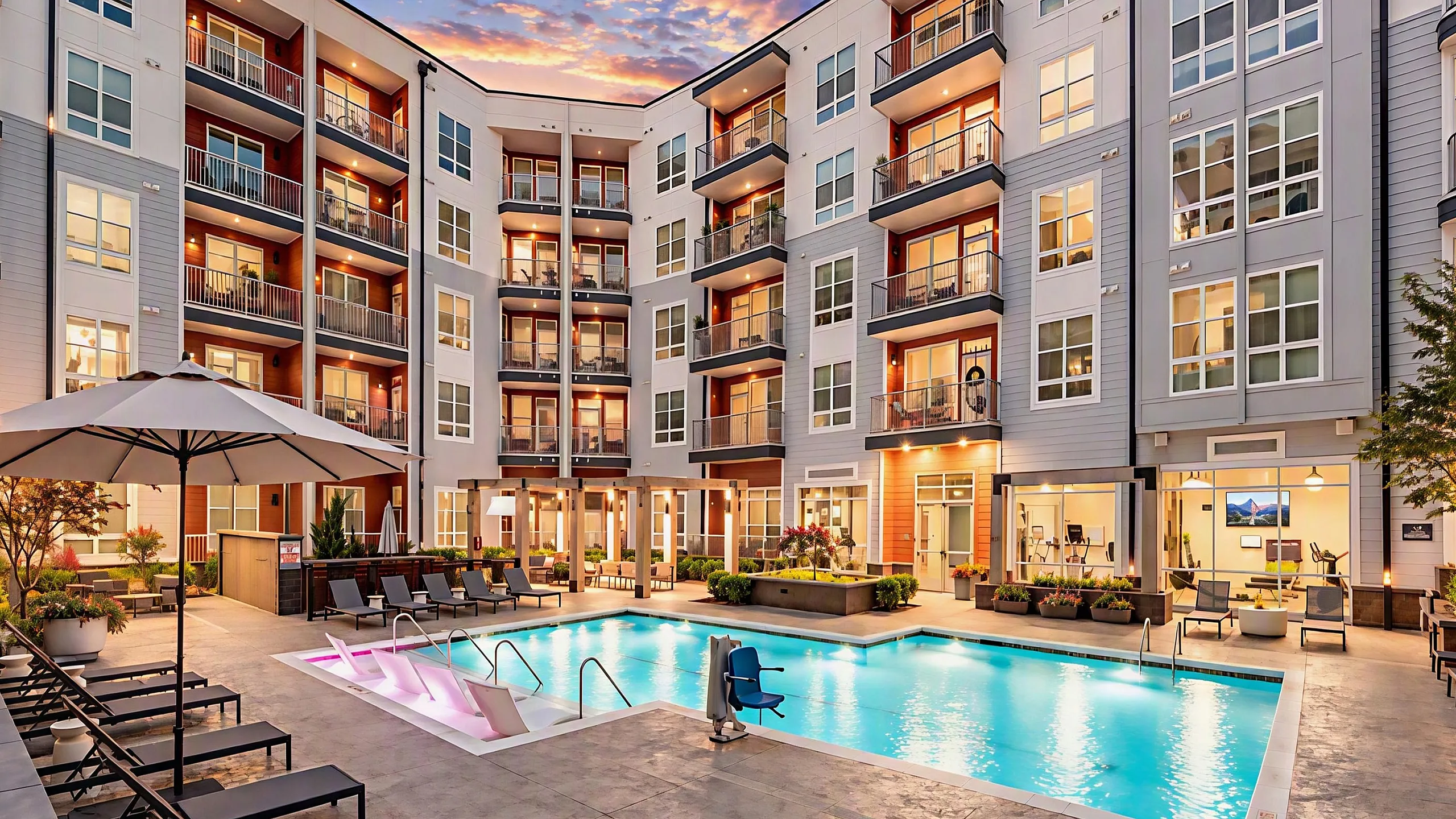 Modern apartment complex showcasing a luxurious outdoor pool area with stylish loungers and vibrant evening ambiance.