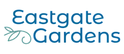 Elegant Eastgate Gardens logo with stylish typography and leaf design, conveying a sense of natural beauty and modern living.