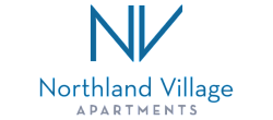 Modern logo for Northland Village Apartments, featuring elegant blue initials and stylish text, representing quality living.