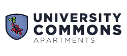 Modern University Commons Apartments logo featuring a sleek shield design with vibrant leaves and berries.