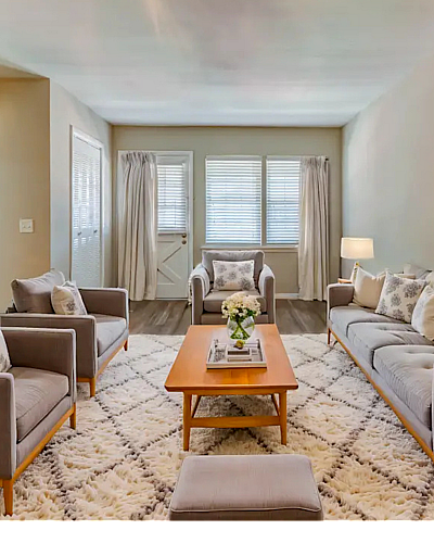 Charming and cozy living room with elegant gray sofas, plush patterned rug, and abundant natural light.