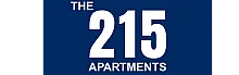 Sleek logo of The 215 Apartments on a deep blue background, highlighting modern living.