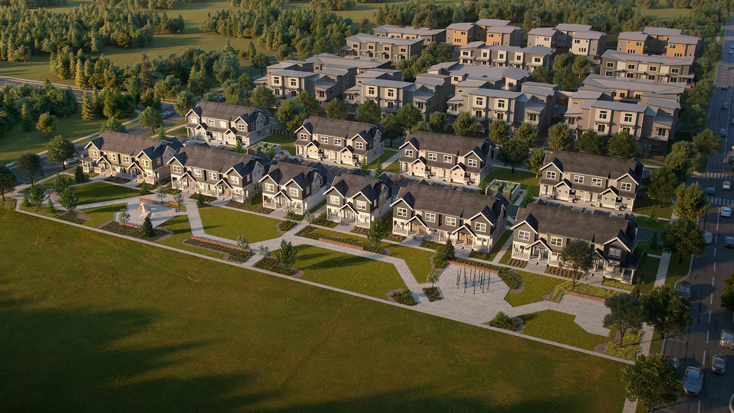 Aerial view of a picturesque suburban neighborhood with neatly arranged houses and lush green spaces.