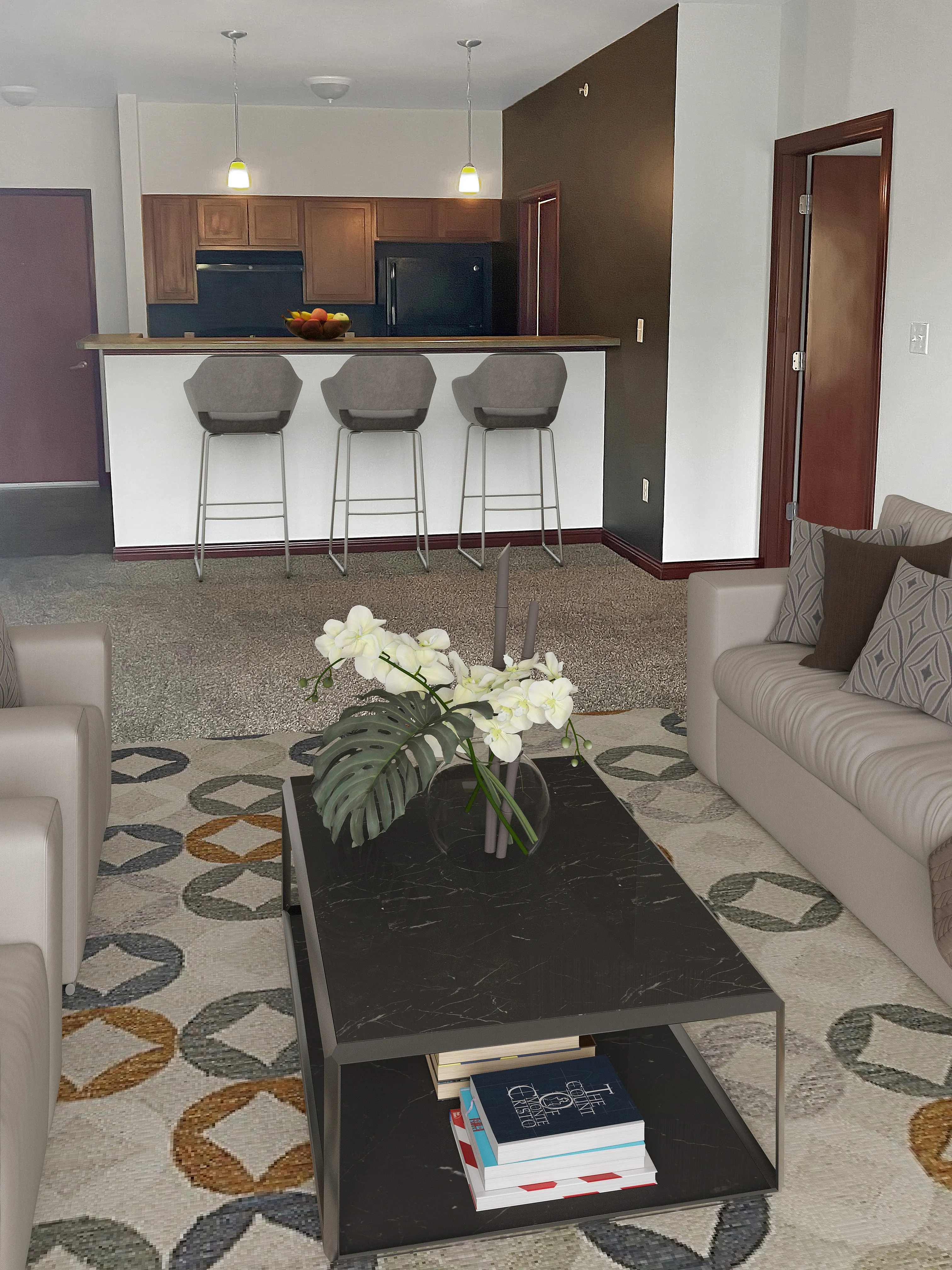 Open-concept living room with neutral sofas, elegant coffee table, and inviting kitchen bar with stools, ideal for entertaining.