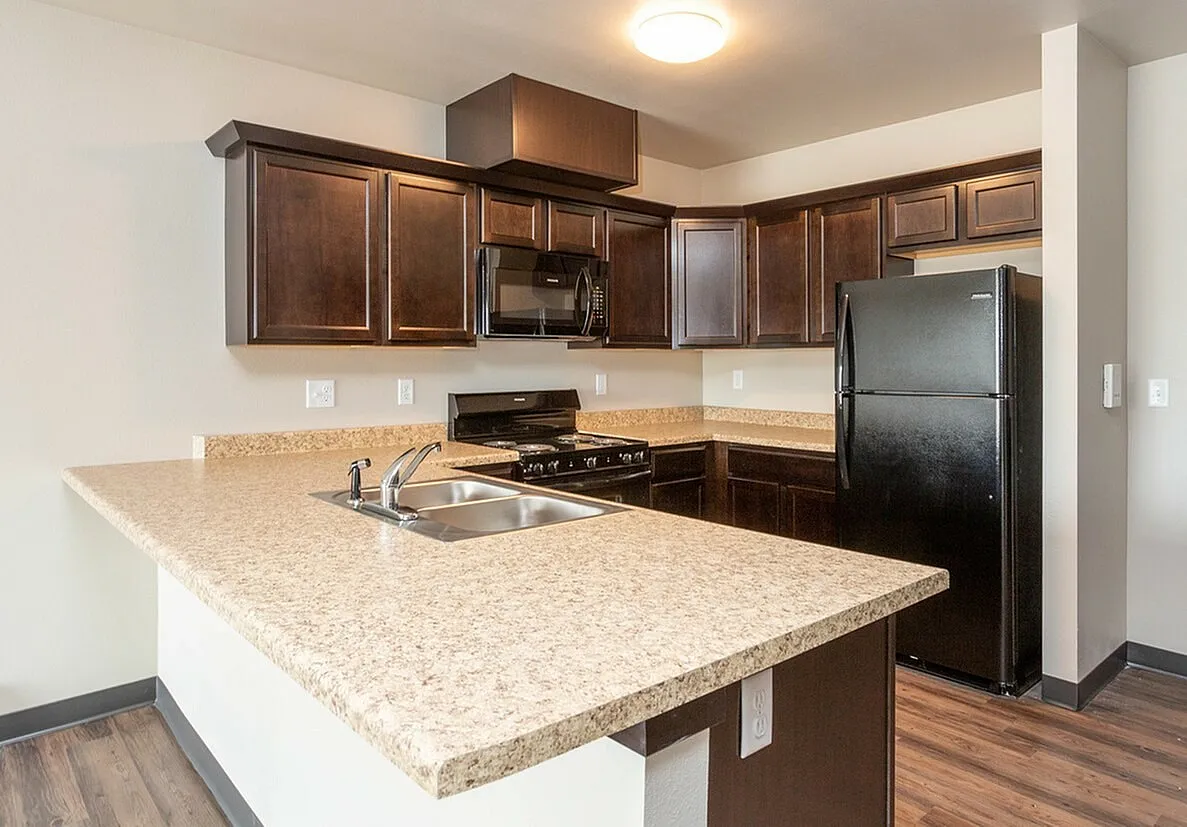 Modern kitchen with elegant dark wood cabinets, granite countertops, and sleek black appliances.