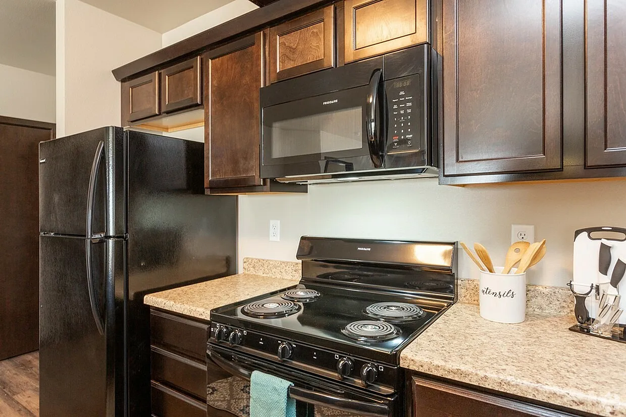 Modern kitchen with sleek black appliances, rich wooden cabinets, and elegant granite countertops creating a sophisticated atmosphere.