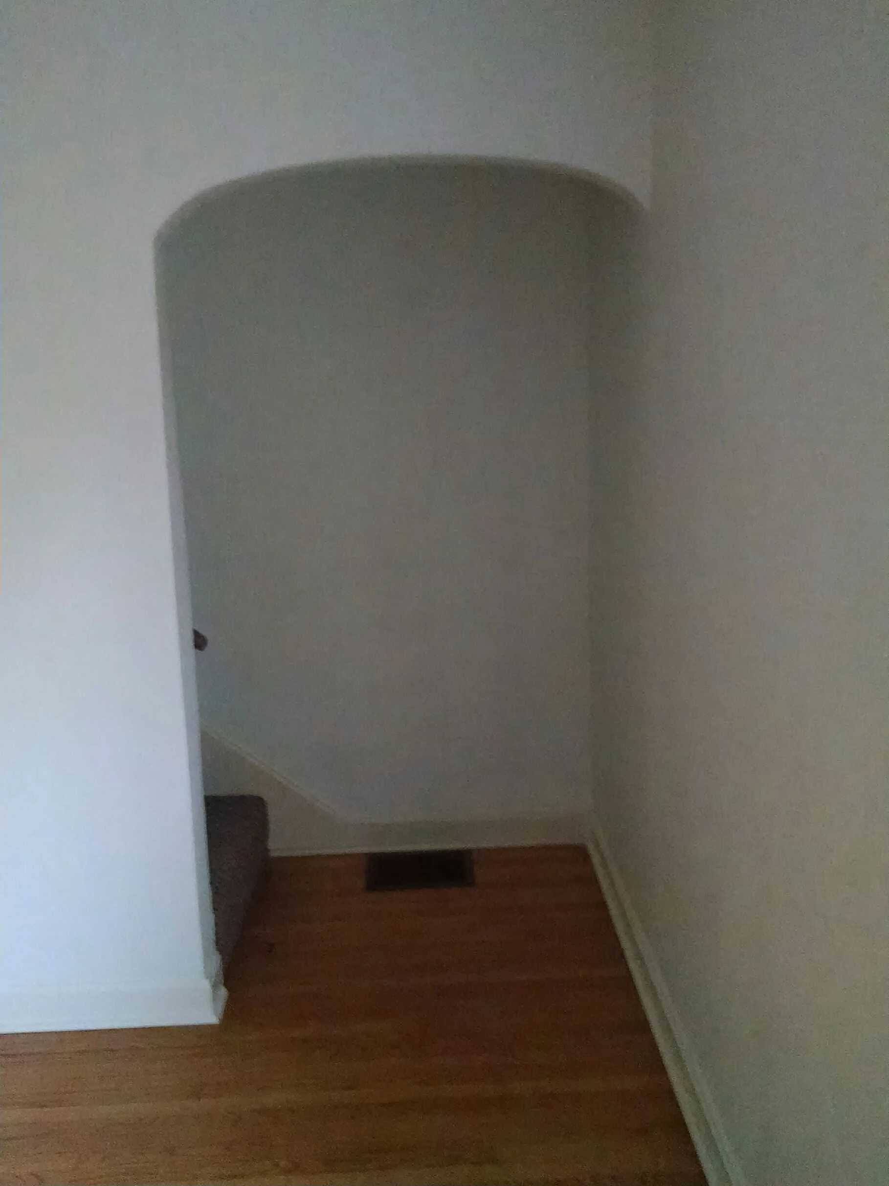 Charming entryway featuring elegant arched doorway and warm hardwood floors.