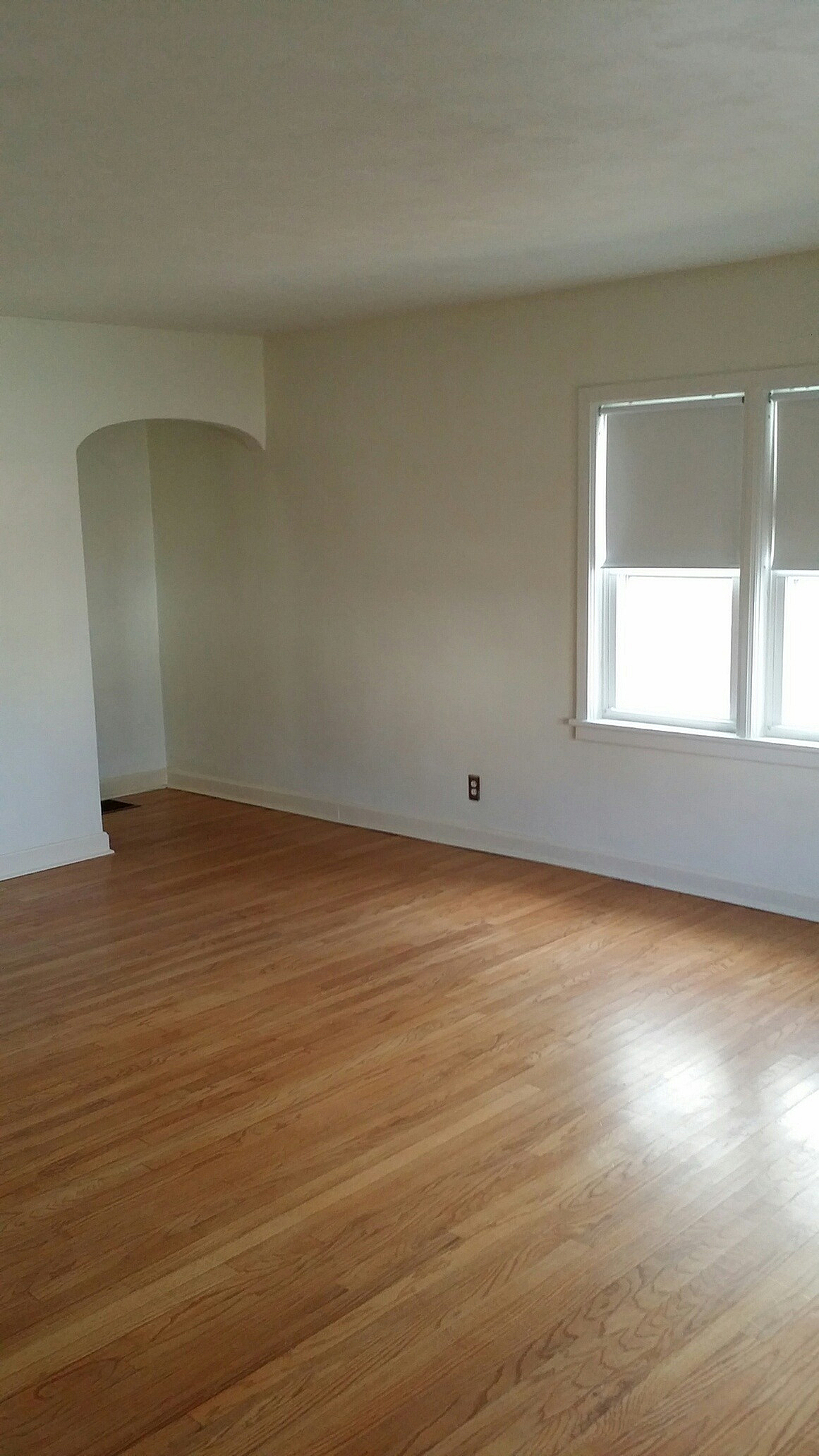 Bright and inviting empty room with beautiful hardwood flooring and large windows ensuring ample natural light.