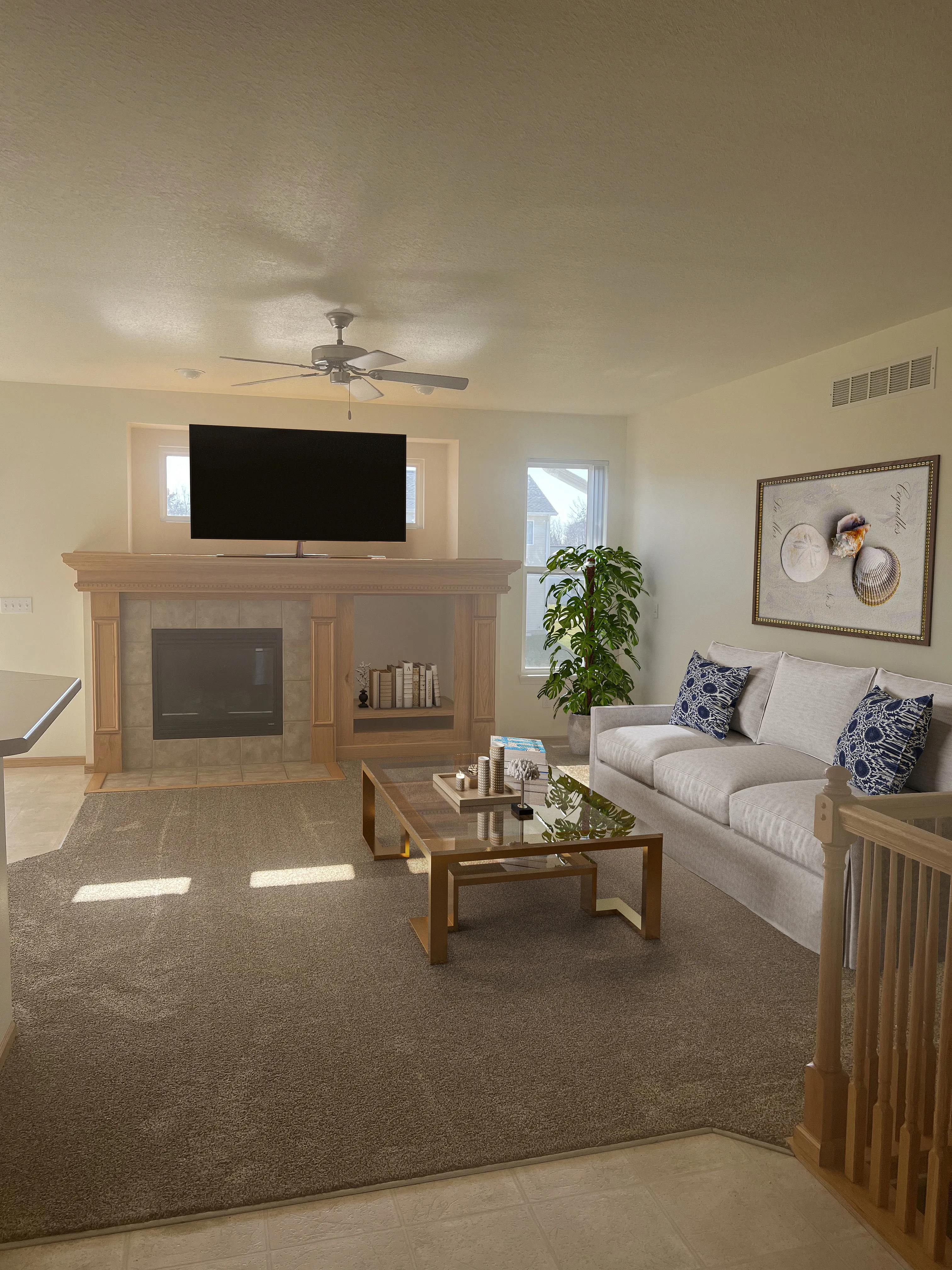Elegant living room with a cozy fireplace, modern decor, and a plush carpet, perfect for relaxation and entertaining.