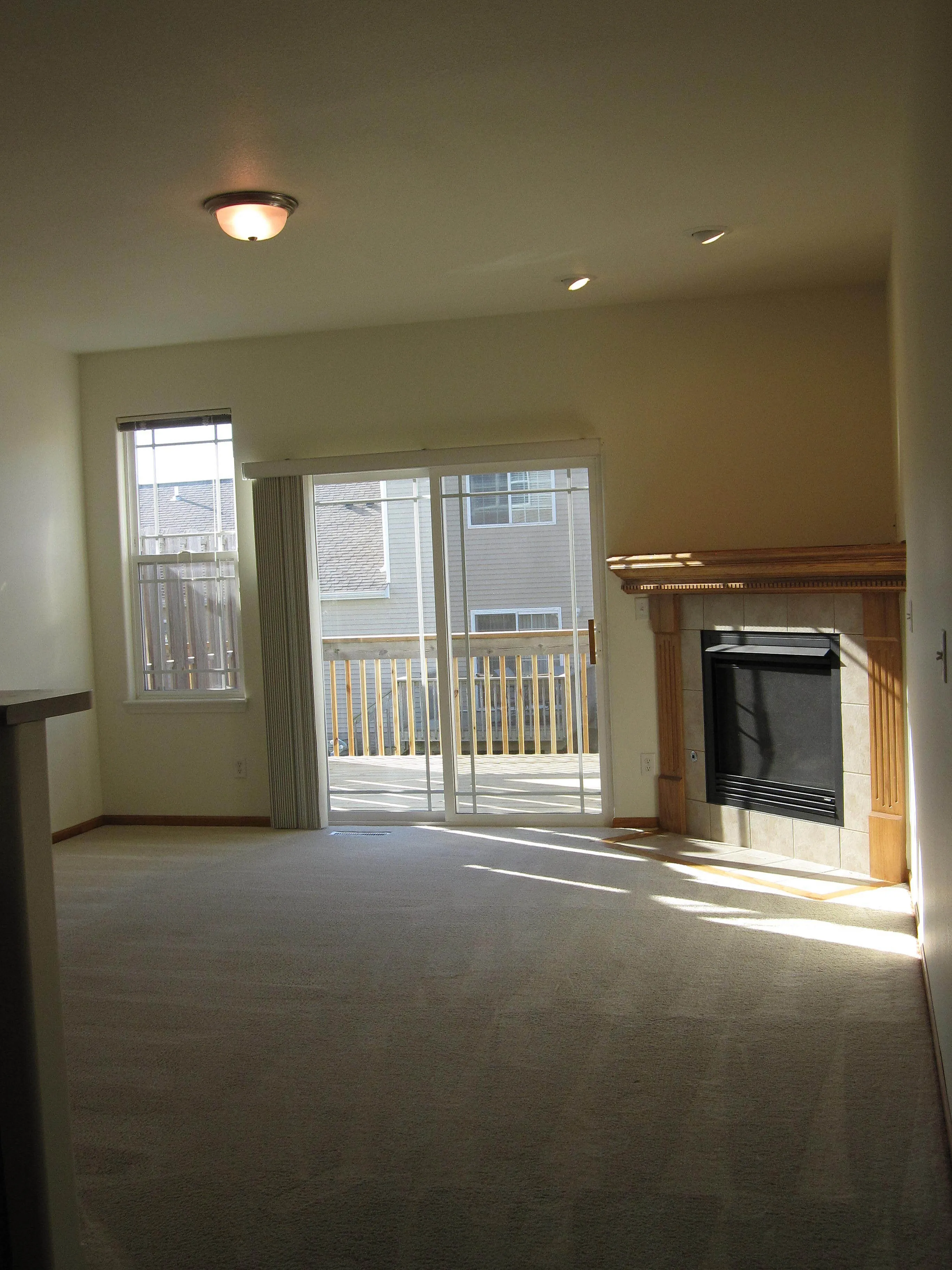 Bright living room with plush carpet, inviting fireplace, and large windows leading to a sunlit balcony.