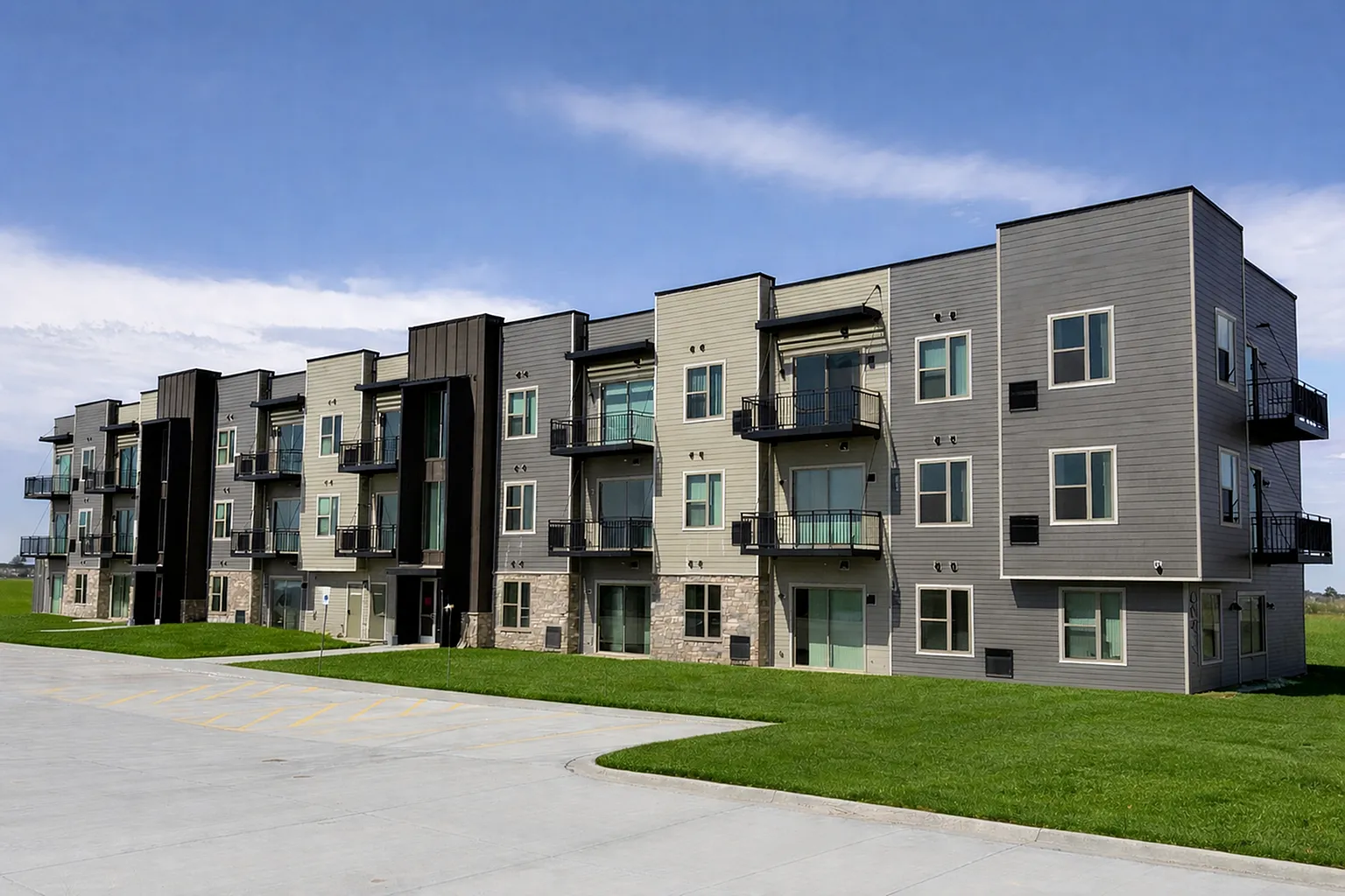 Modern apartment complex with contemporary design featuring spacious balconies, large windows, and a neat green lawn under a clear sky.
