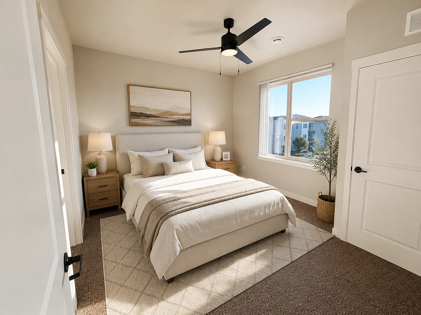 Bright and airy bedroom with modern decor, large window, and cozy ambiance.