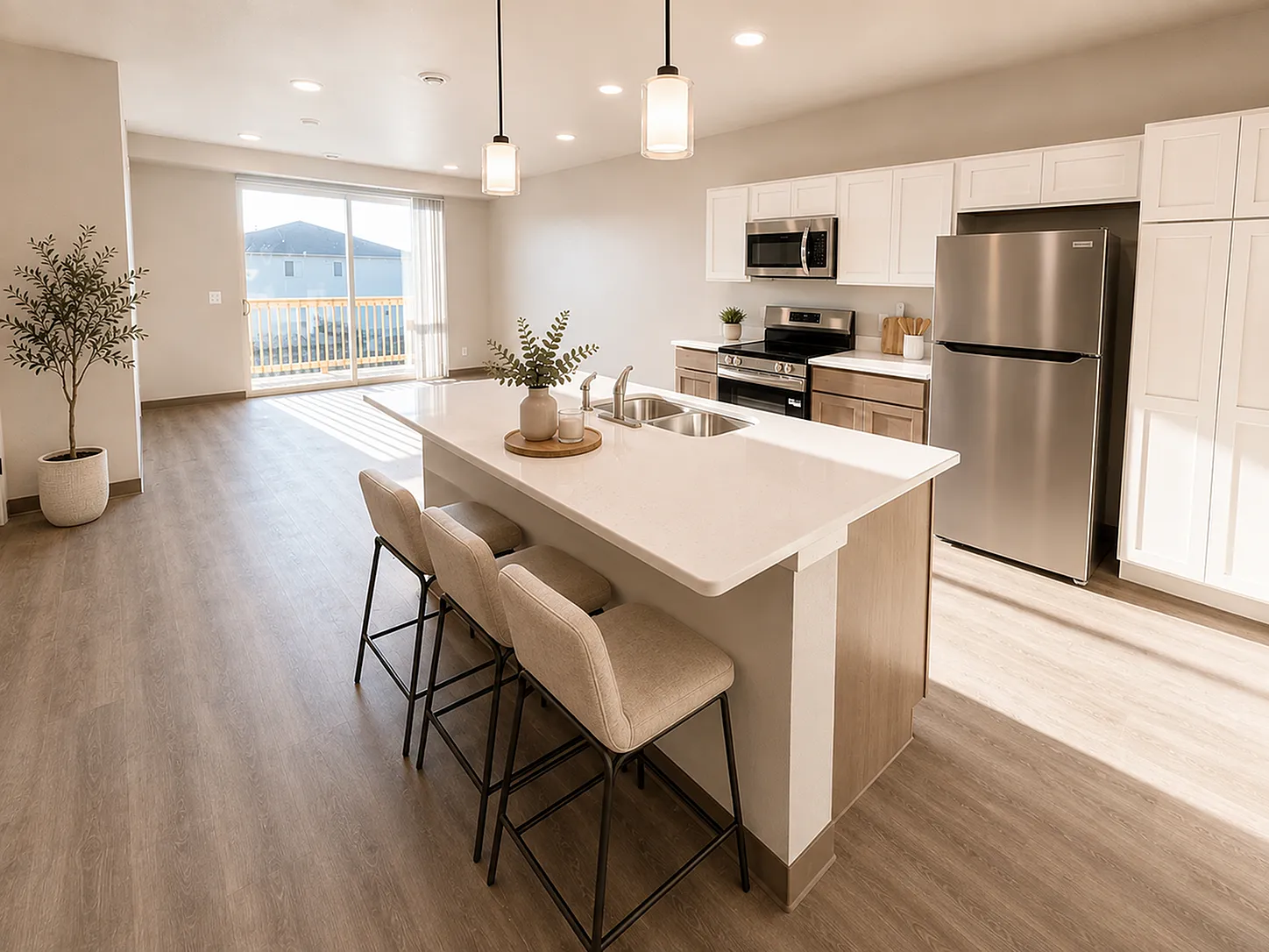 Bright and modern kitchen with sleek island, stainless steel appliances, and open floor plan leading to a sunlit living area.