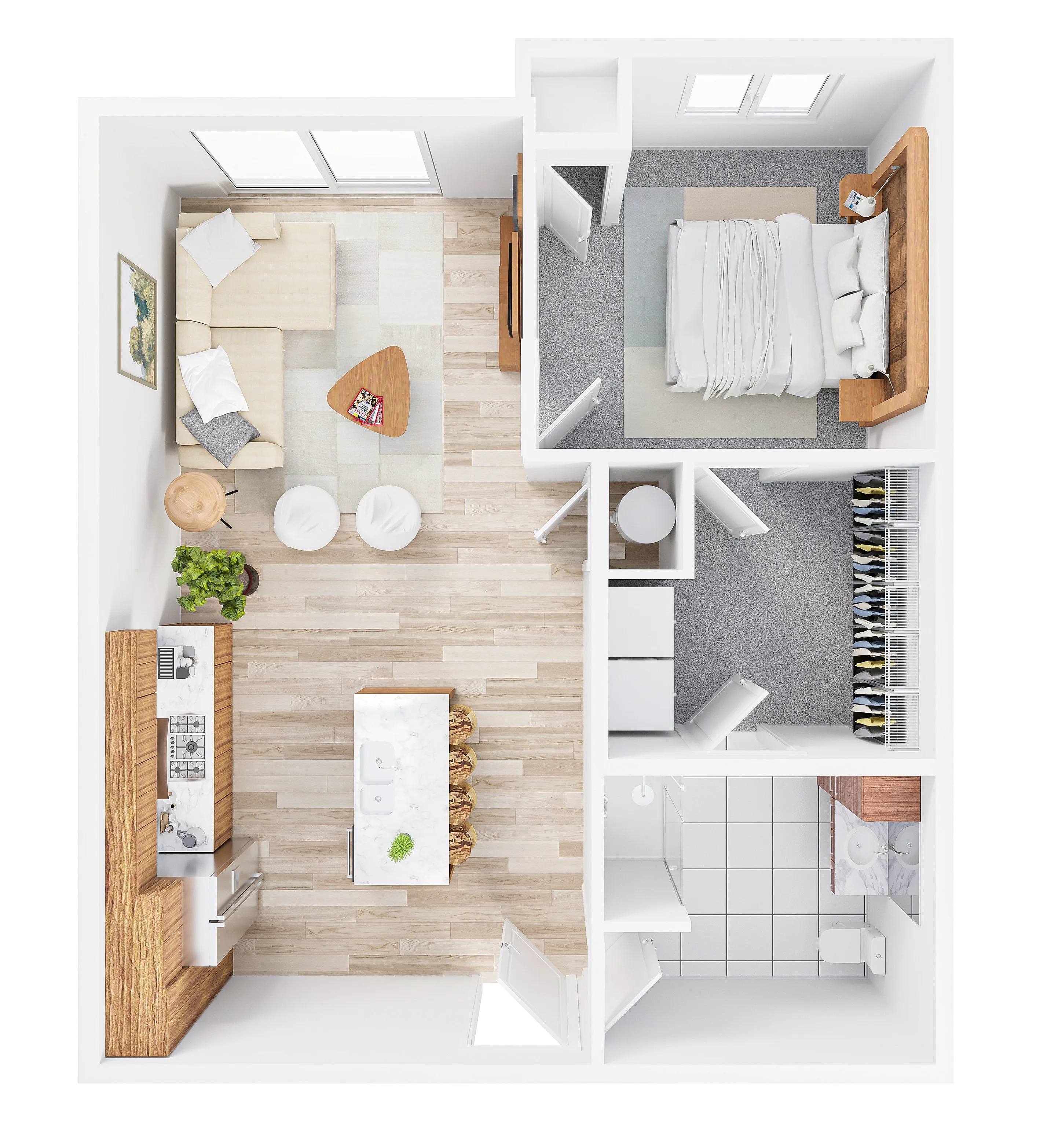 Modern floor plan featuring a cozy living area, elegant kitchen with island, spacious bedroom, and sleek bathroom design.