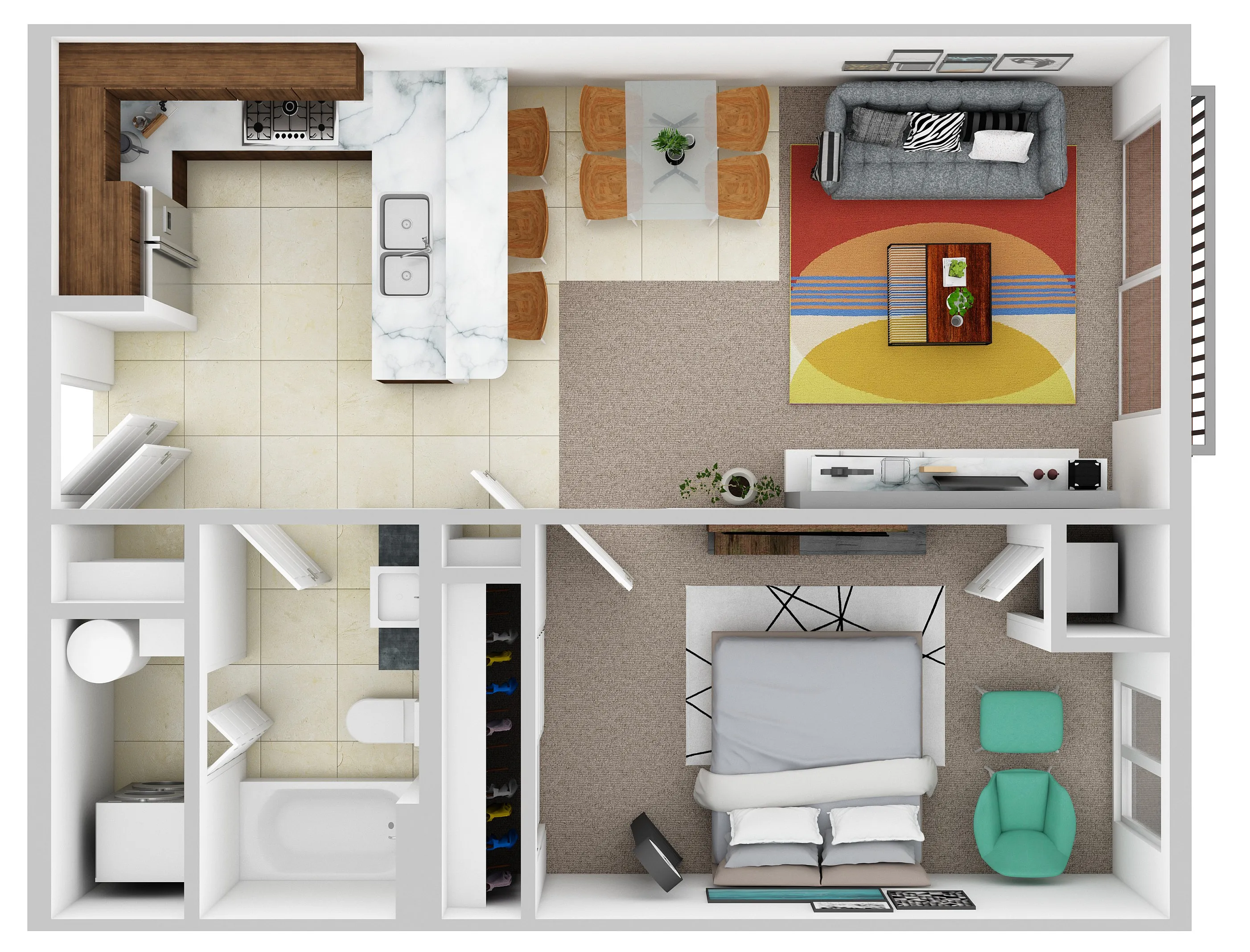 Inviting floor plan showcasing an elegant one-bedroom layout with open-concept living area, modern kitchen with breakfast bar, and stylish lounge space.