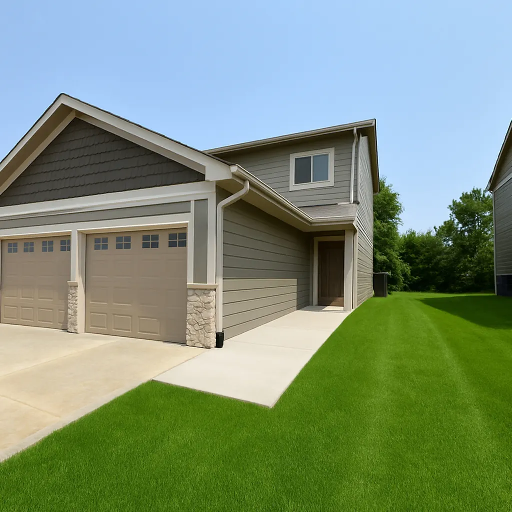Charming two-story home with a double garage, modern siding, and a lush green lawn in a suburban setting.
