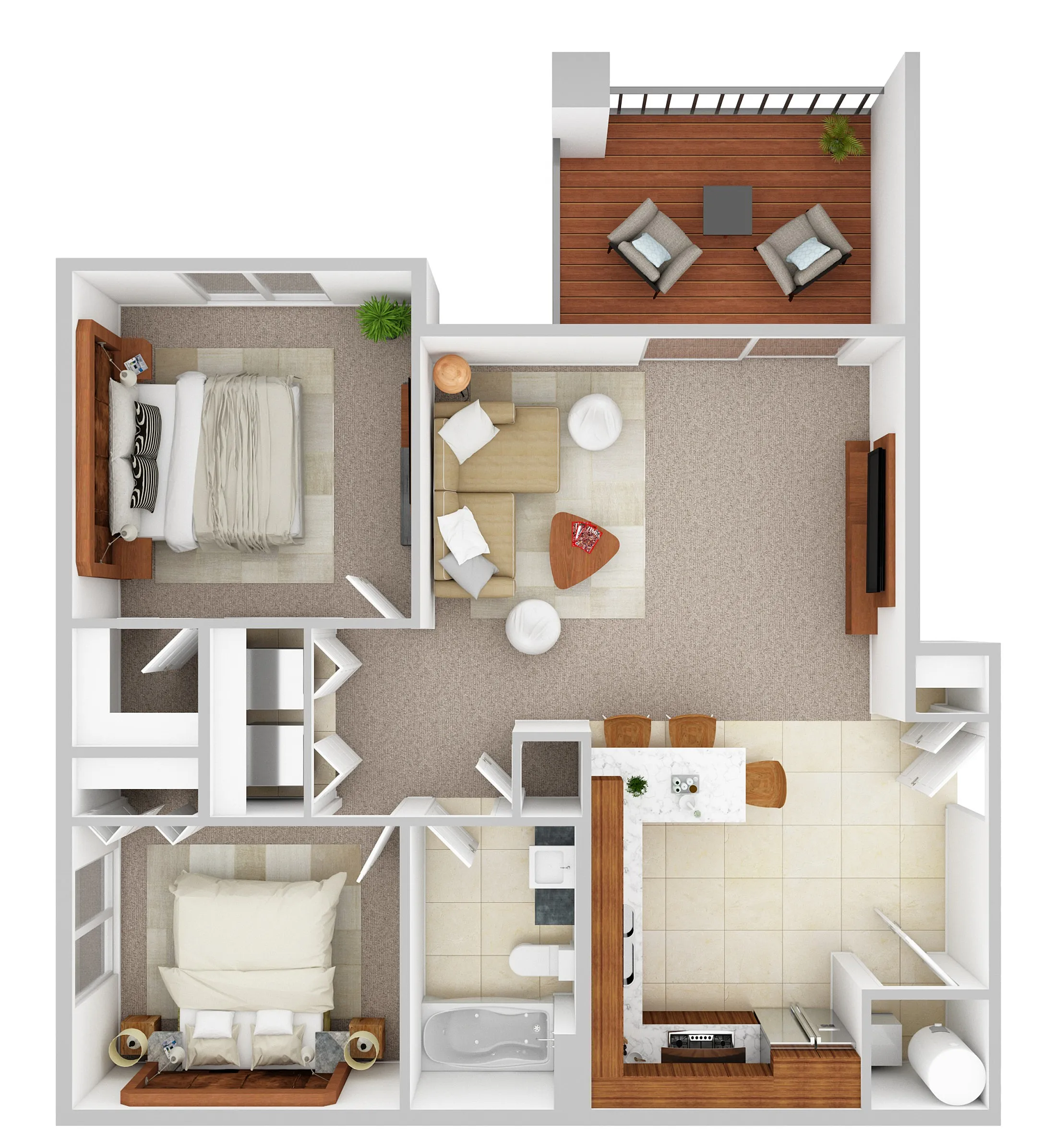 Modern floor plan of Unit 7 featuring 2 cozy bedrooms, an inviting living area, a stylish kitchen with breakfast bar, and a spacious balcony perfect for relaxation.