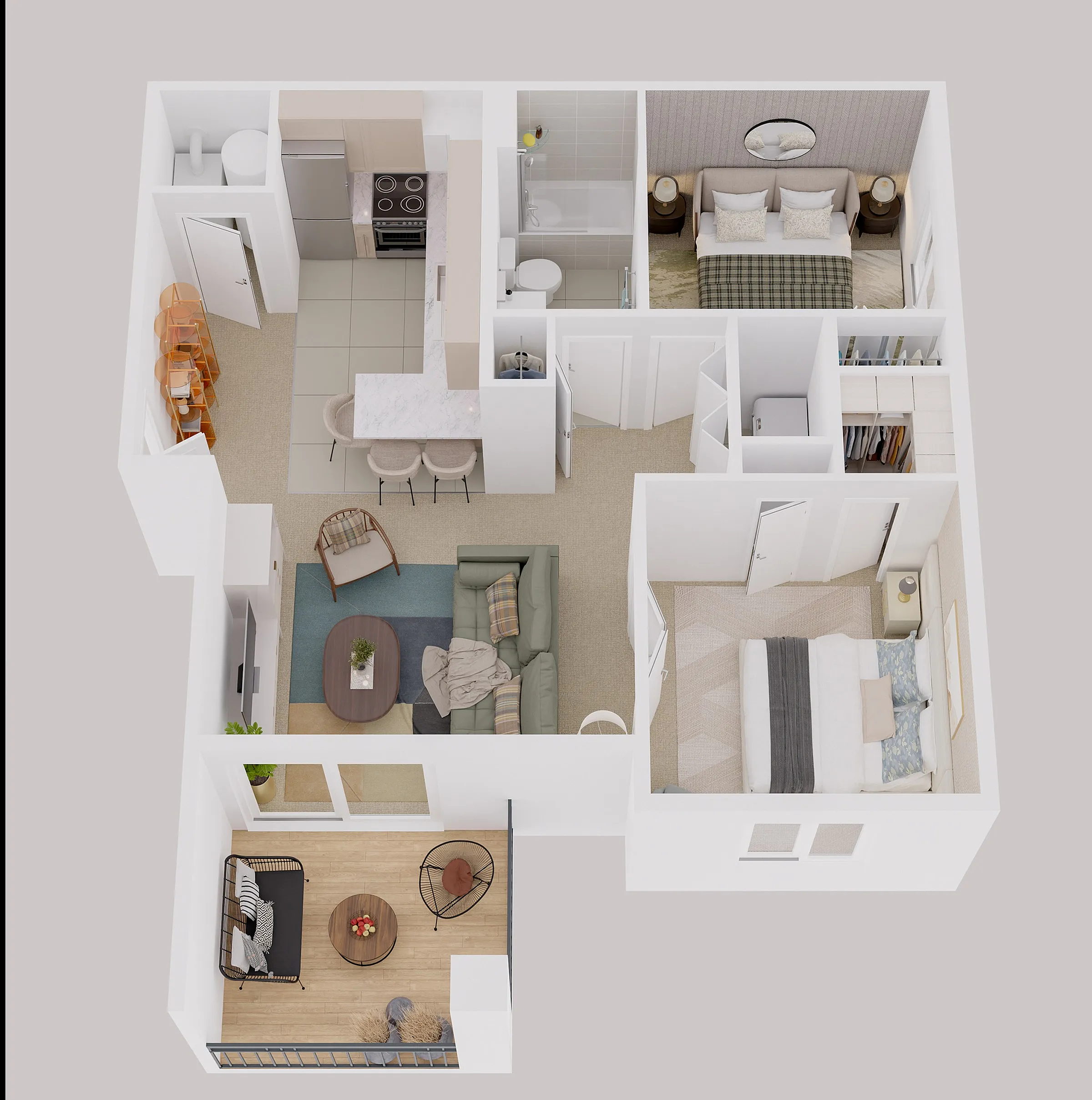 Modern 3D apartment floor plan showcasing 2 cozy bedrooms, a sleek kitchen with a breakfast bar, an inviting living room, and a charming balcony.