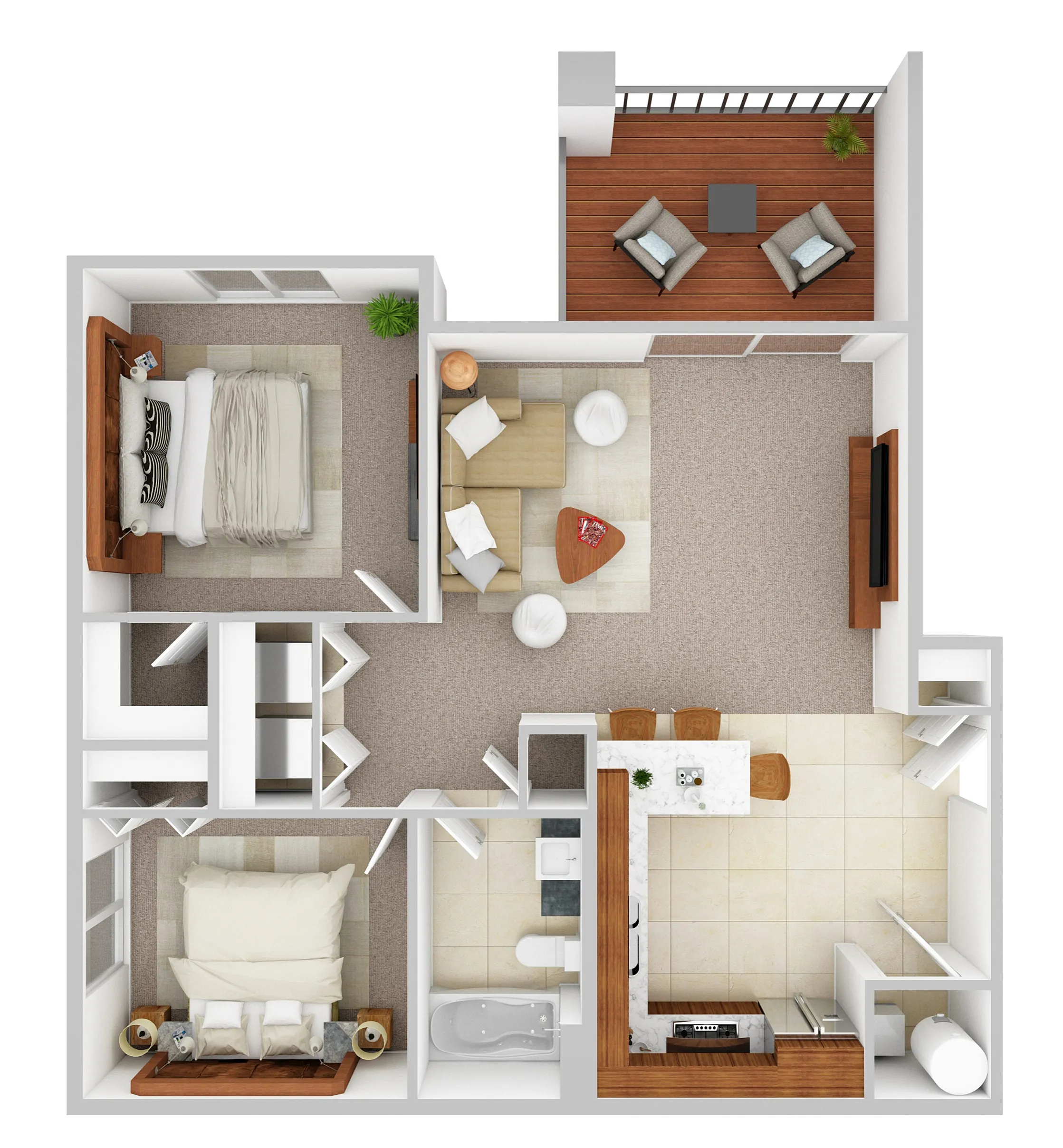 Modern 3D floor plan of Unit 7 featuring 2 bedrooms, a cozy living room, and a stylish kitchen with a breakfast bar, adjacent to a welcoming balcony.