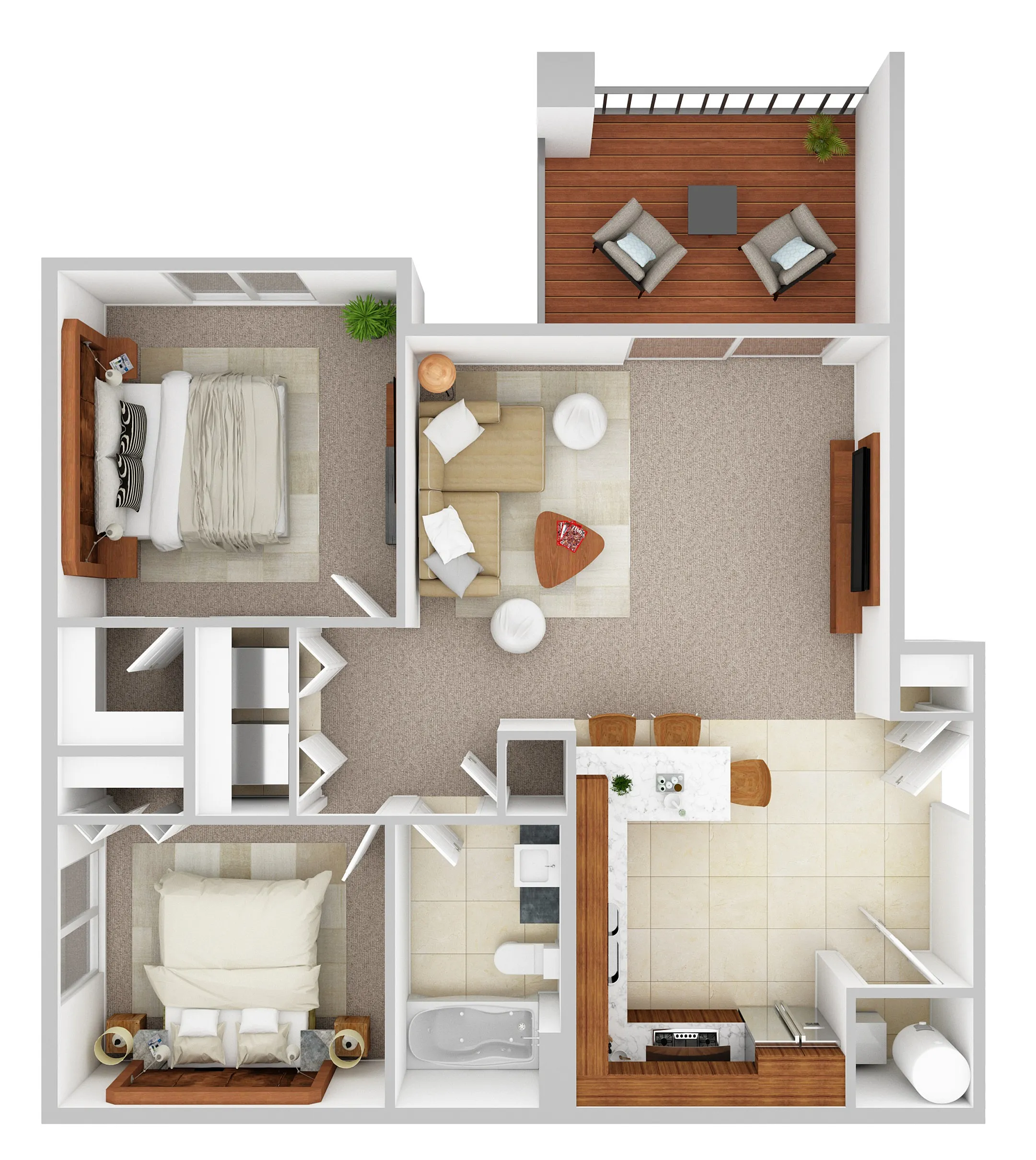Modern floor plan for Unit-7 featuring 2 bedrooms, a cozy living room, and a chic open kitchen with a breakfast bar. Includes a private balcony space for relaxing.