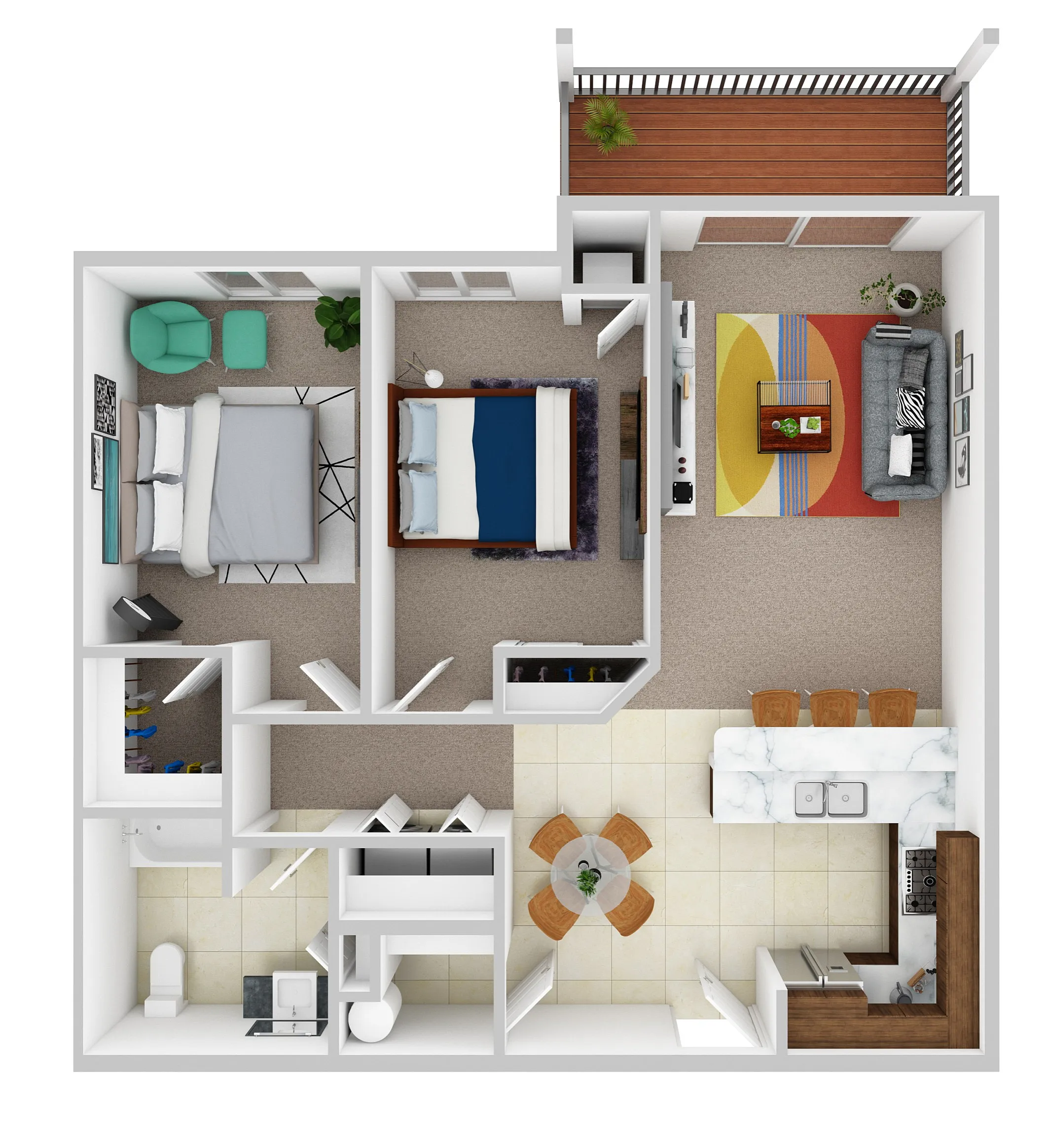 Modern open-concept floor plan showcasing two bedrooms, a cozy living space, and a stylish kitchen with a bar counter and dining area.