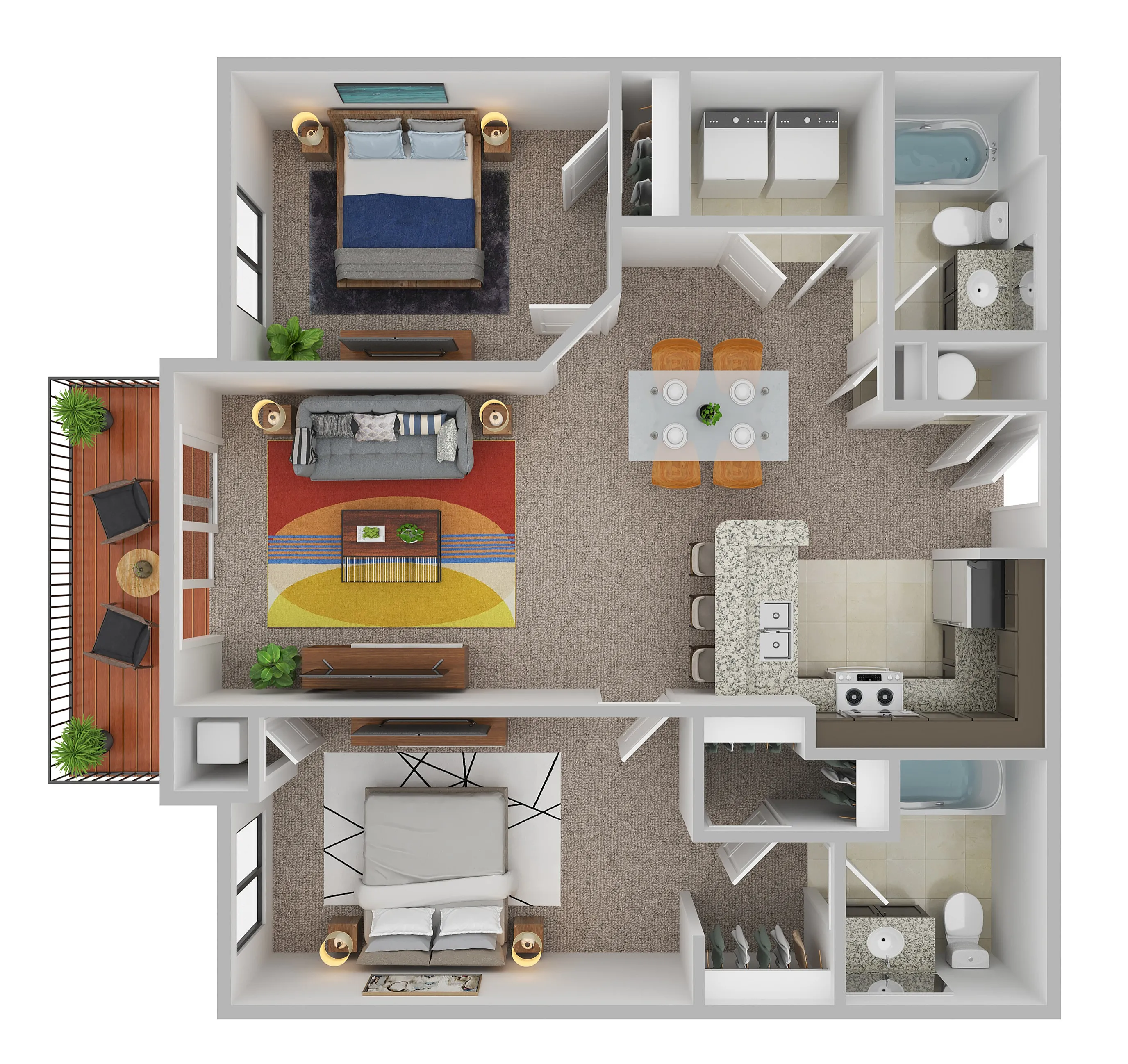 Modern 2D floor plan featuring two bedrooms, open living and dining area, cozy kitchen with breakfast bar, and a private balcony for relaxation.