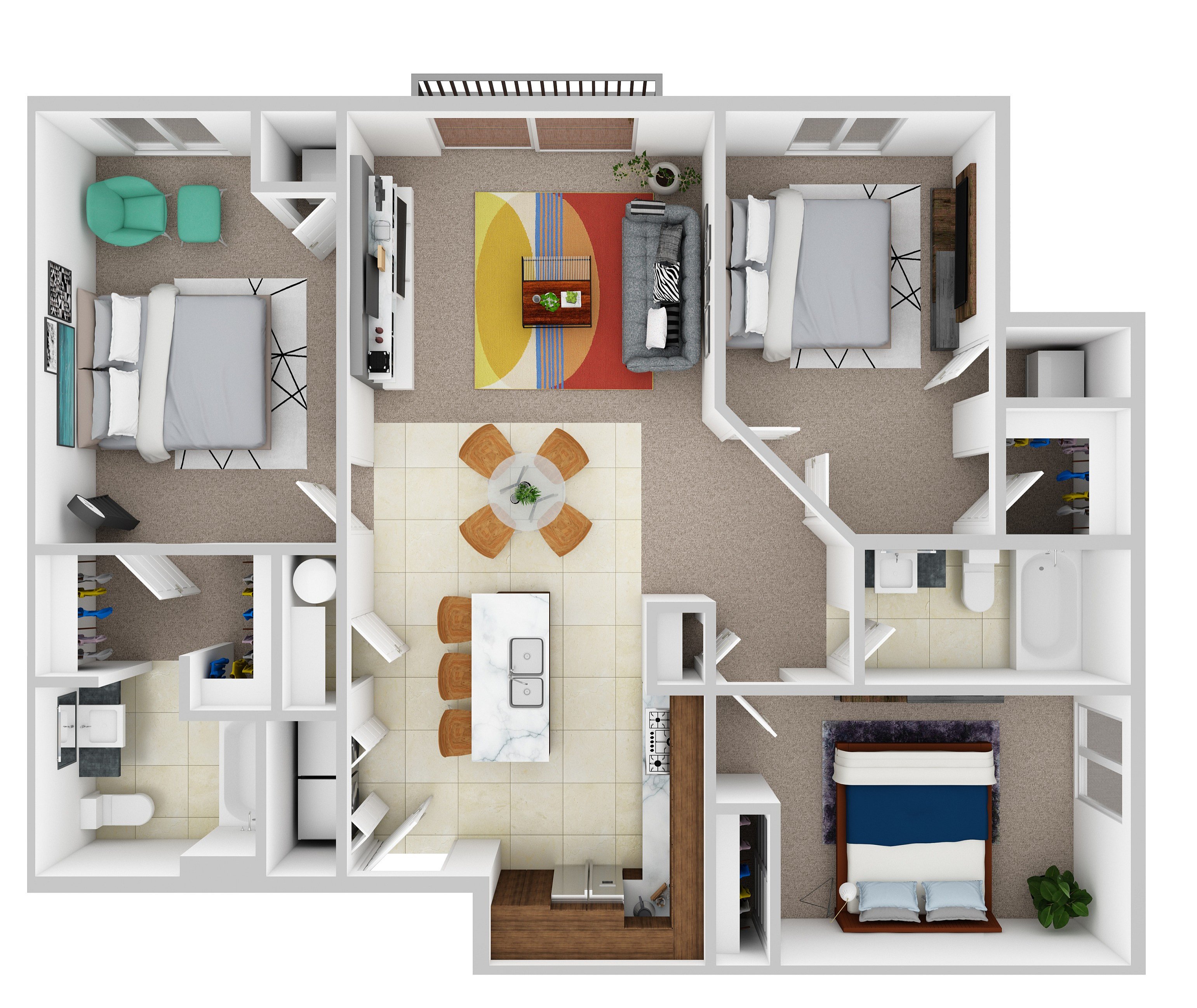 Modern 3-bedroom floor plan featuring an open-concept living area, stylish kitchen with island seating, and two bathrooms.