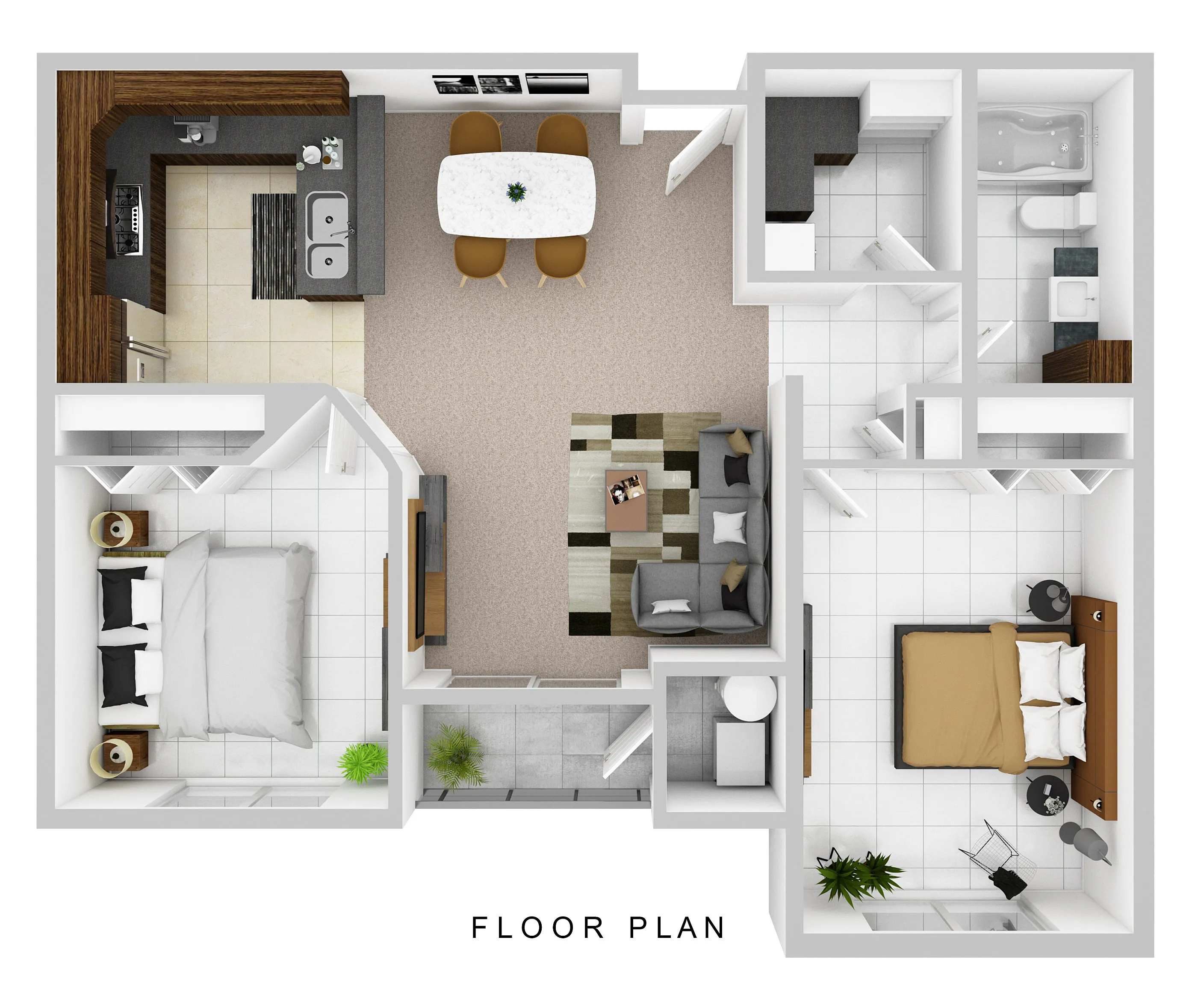 Inviting 3D floor plan featuring two cozy bedrooms, an elegant kitchen, a stylish dining area, and a comfortable living room.