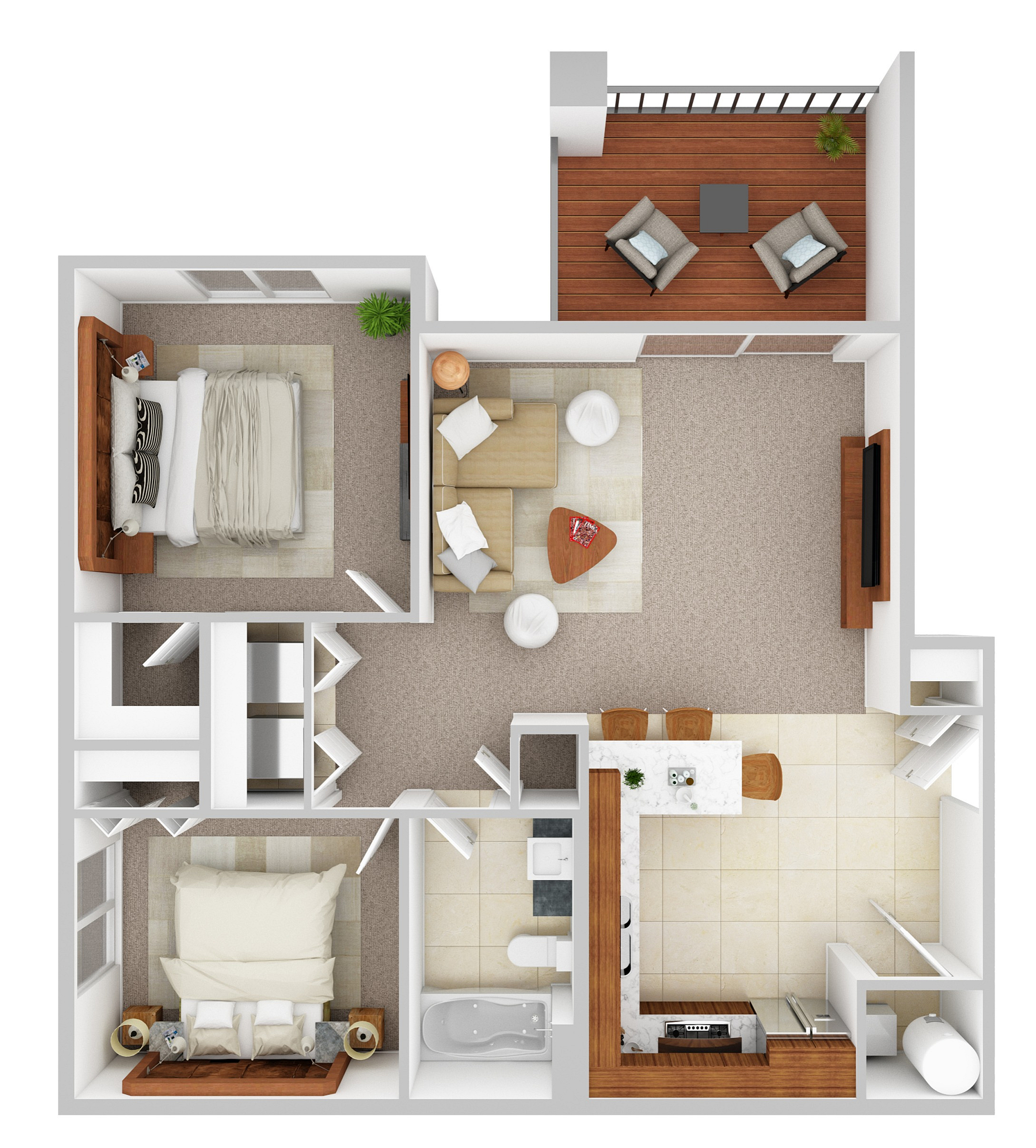 Chic and modern 2-bedroom floor plan with an open living space, elegant kitchen, and private balcony, perfect for stylish living.