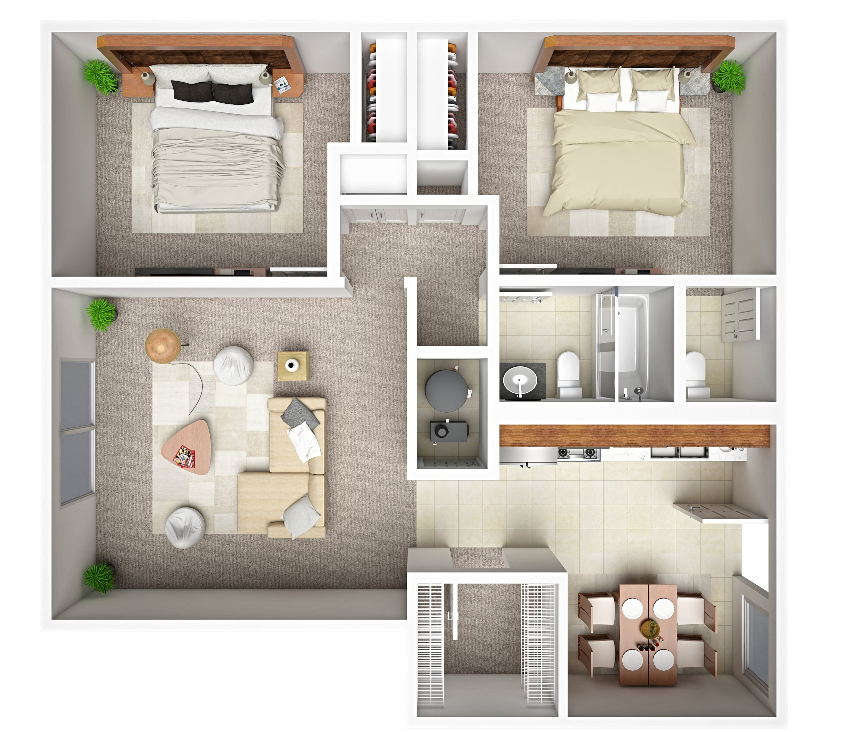 Modern 2D floor plan showcasing a cozy 2-bedroom apartment with an open living space, functional kitchen, and dining area.